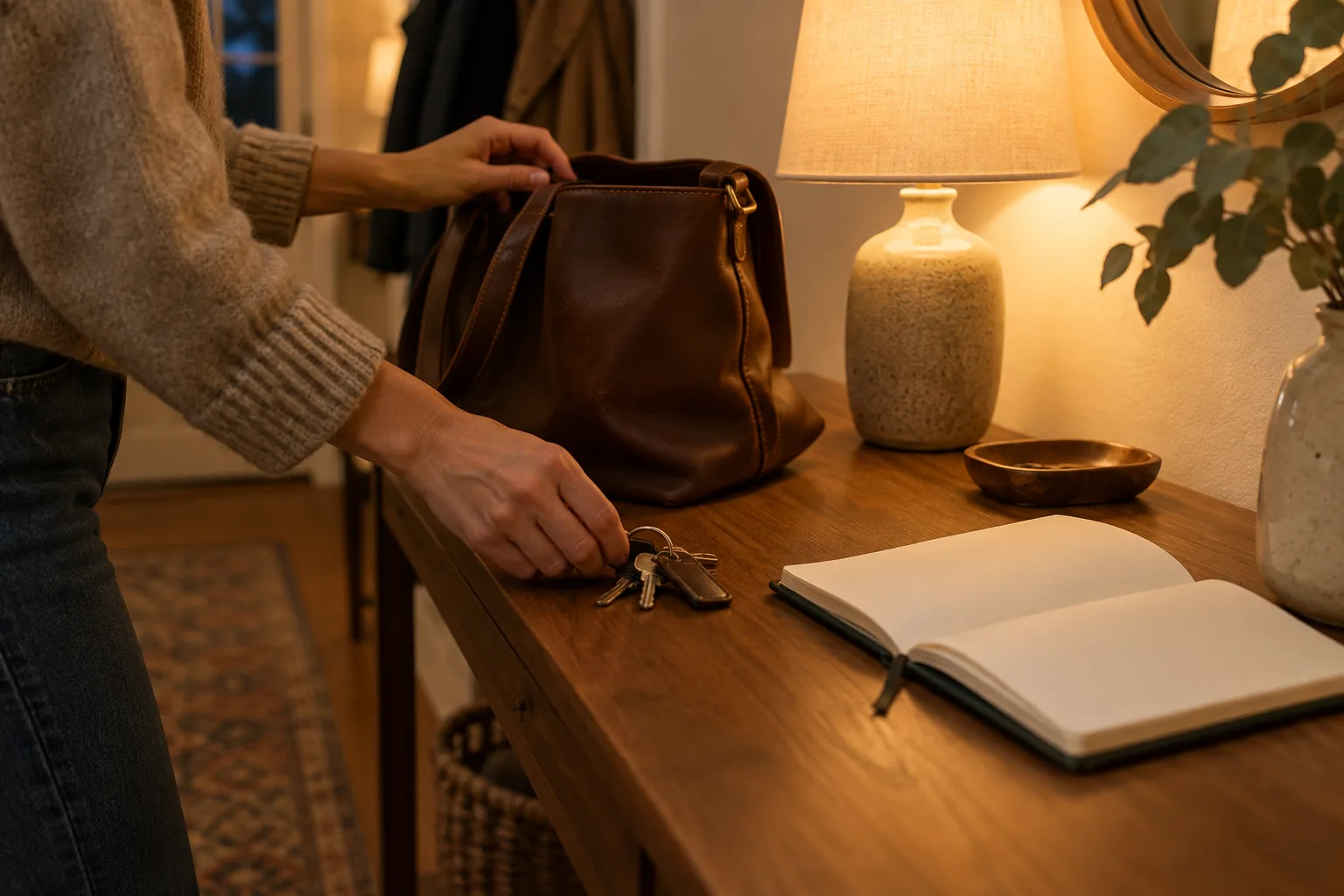 Des mains déposent des clés près d’un sac et d’un carnet ouvert sur une console.