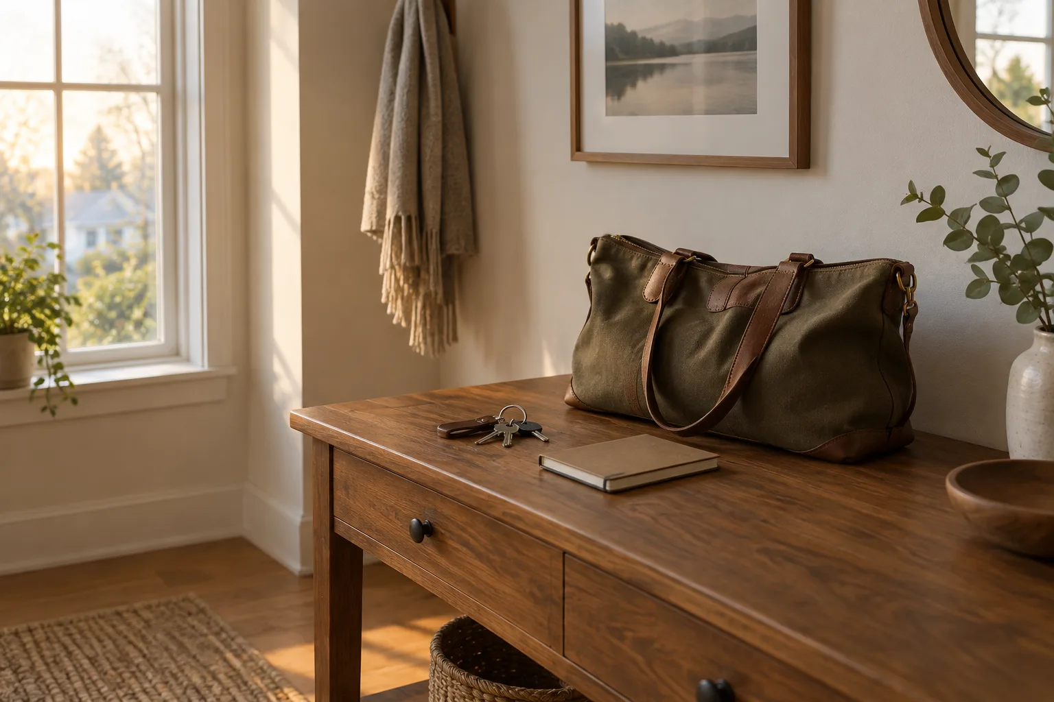 Un sac, des clés et un carnet réunis sur une console dans une maison au petit matin.