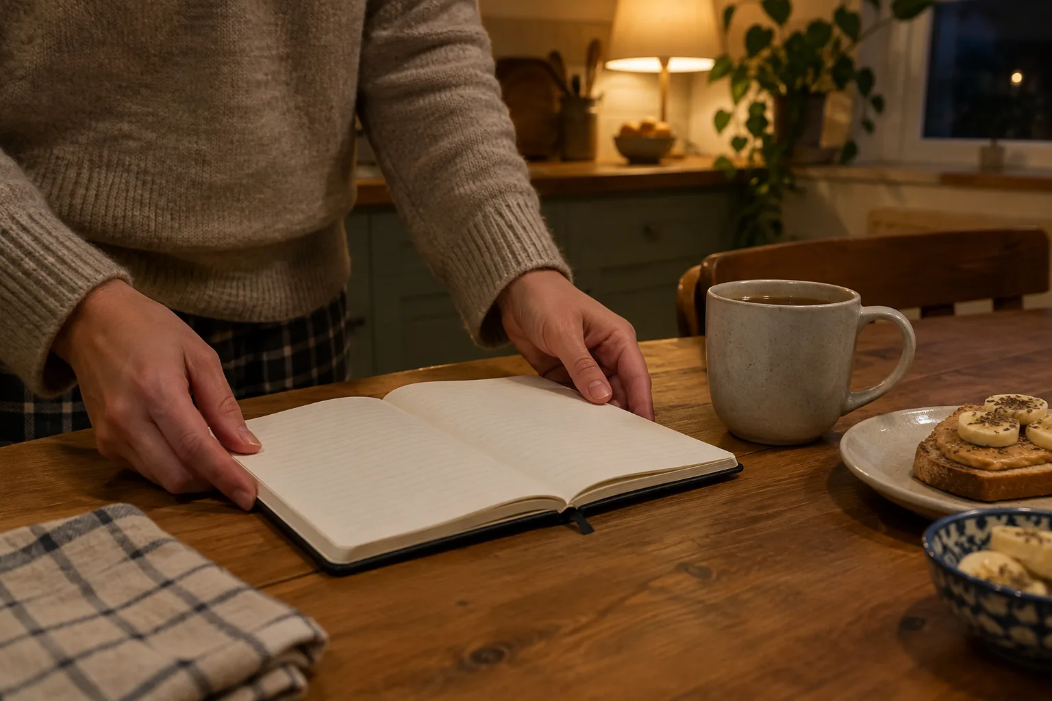 Un carnet ouvert et une tasse sont disposés la veille sur une table de cuisine.