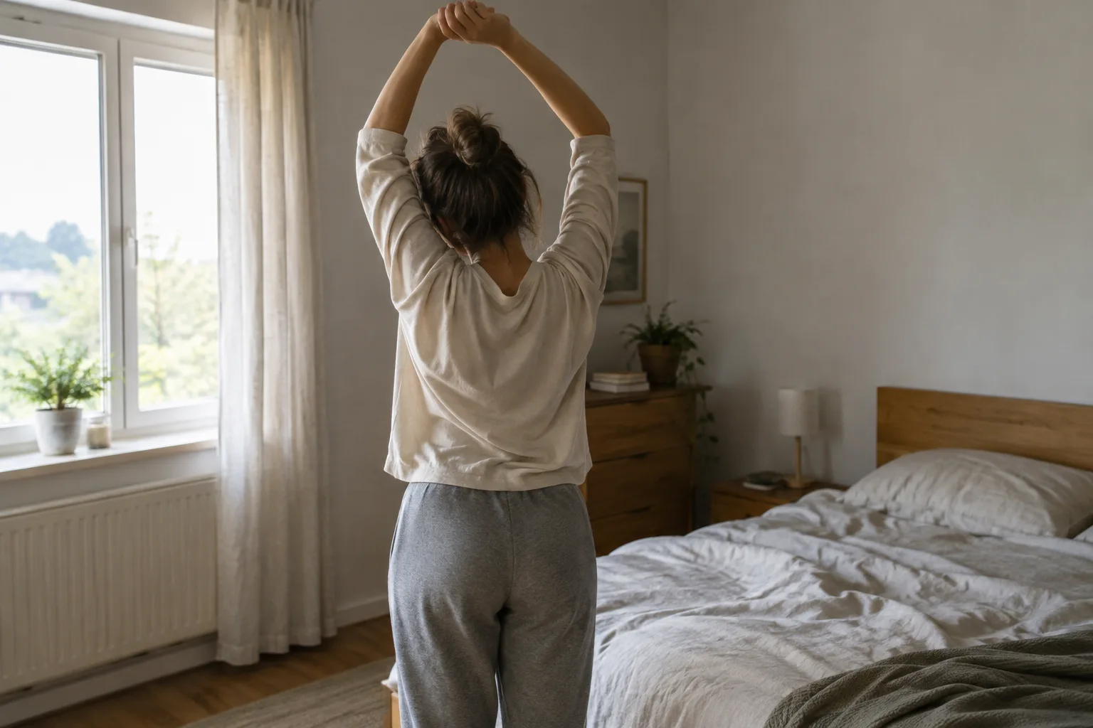 Une personne s’étire doucement près de son lit au début de la journée.
