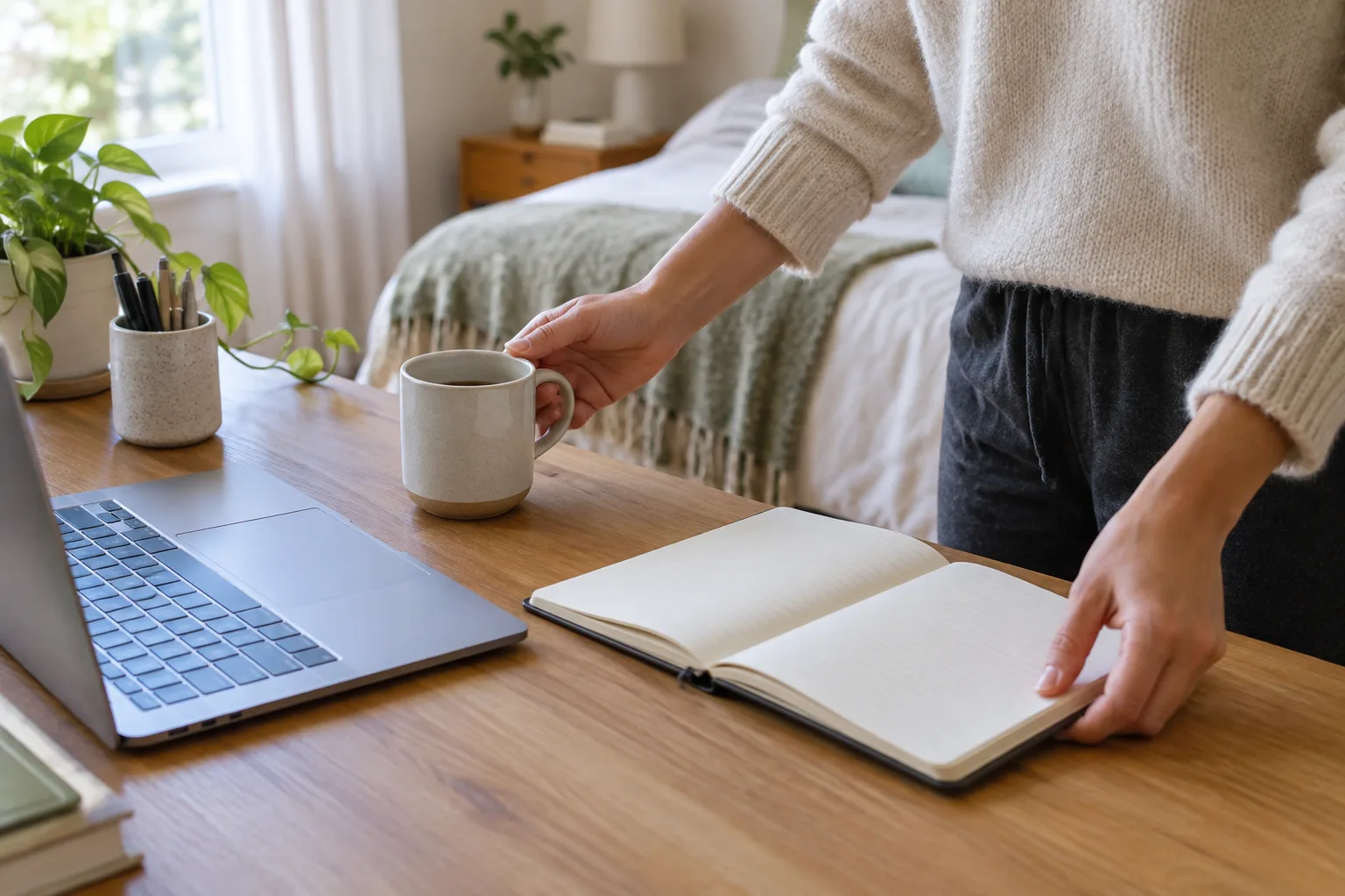 Une main pose un carnet et une tasse près d’un ordinateur sur un bureau à domicile.