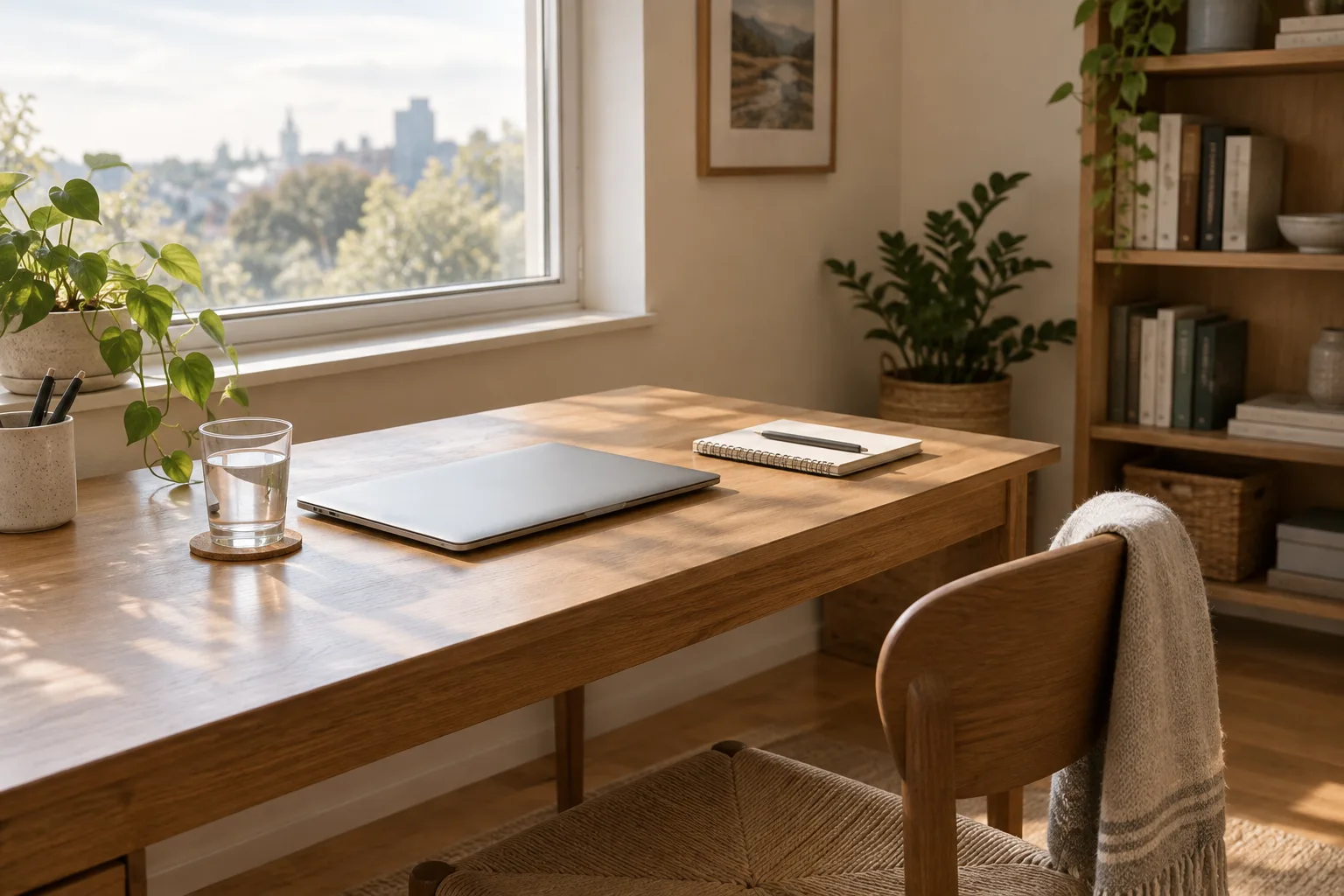 Un bureau à domicile préparé pour commencer la journée, avec un carnet, un ordinateur et un verre d’eau.