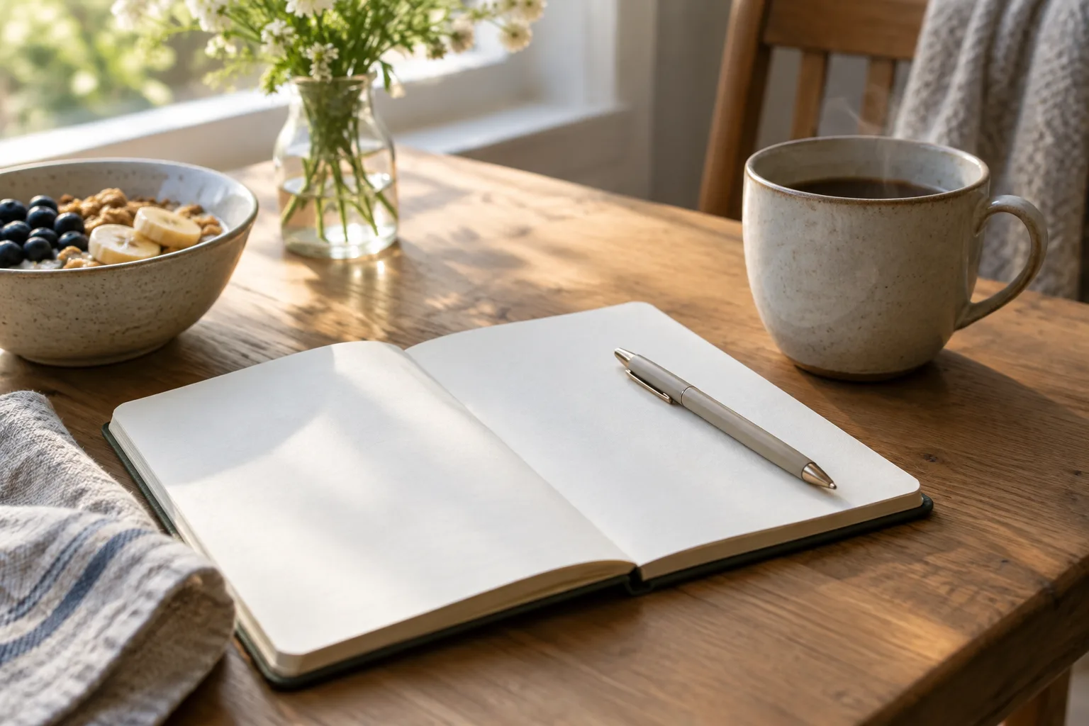 Un carnet ouvert et un stylo posés près d’une tasse sur une table éclairée par la lumière du matin.