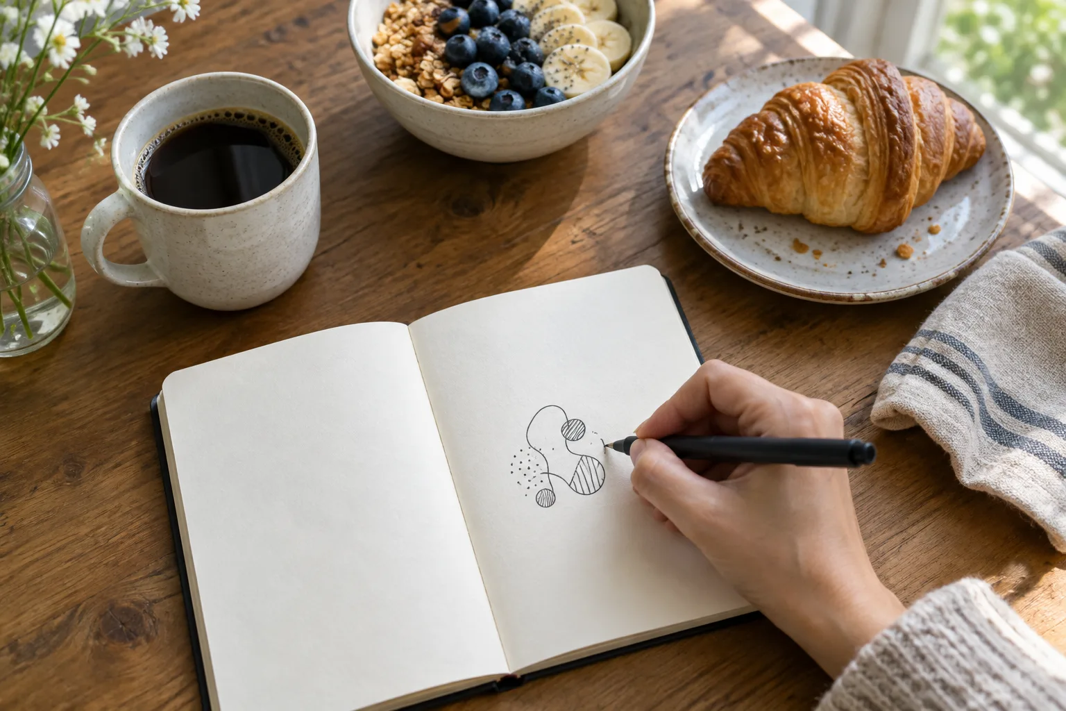 Une main dessine une forme simple dans un carnet ouvert, près d’un stylo.