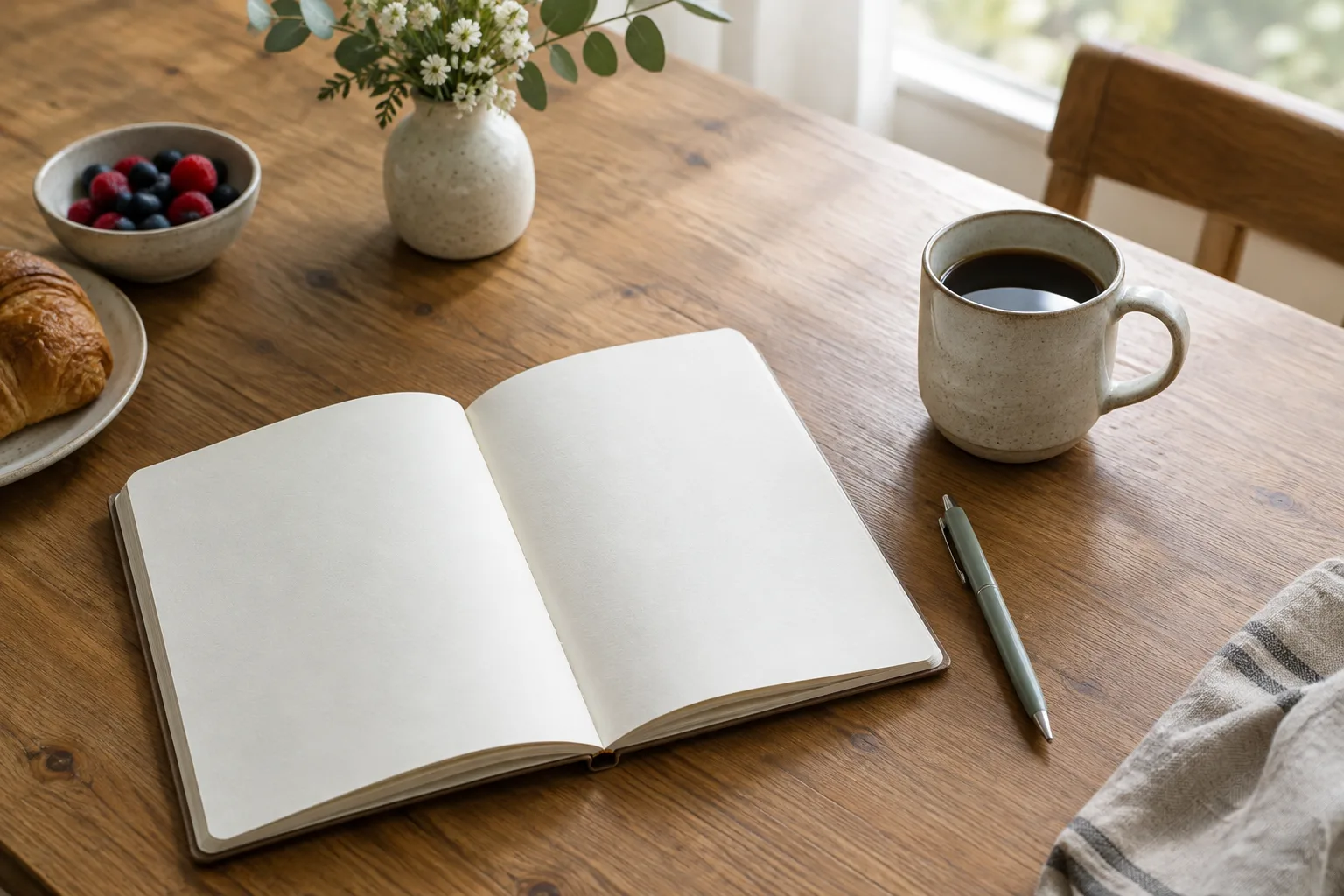 Un carnet ouvert et un stylo posés près d’une tasse sur une table éclairée par la lumière du matin.
