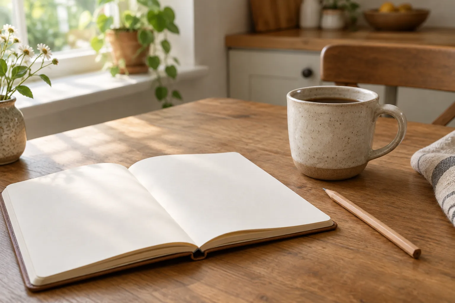 Un carnet ouvert et un crayon posés près d’une tasse sur une table éclairée par la lumière du matin.