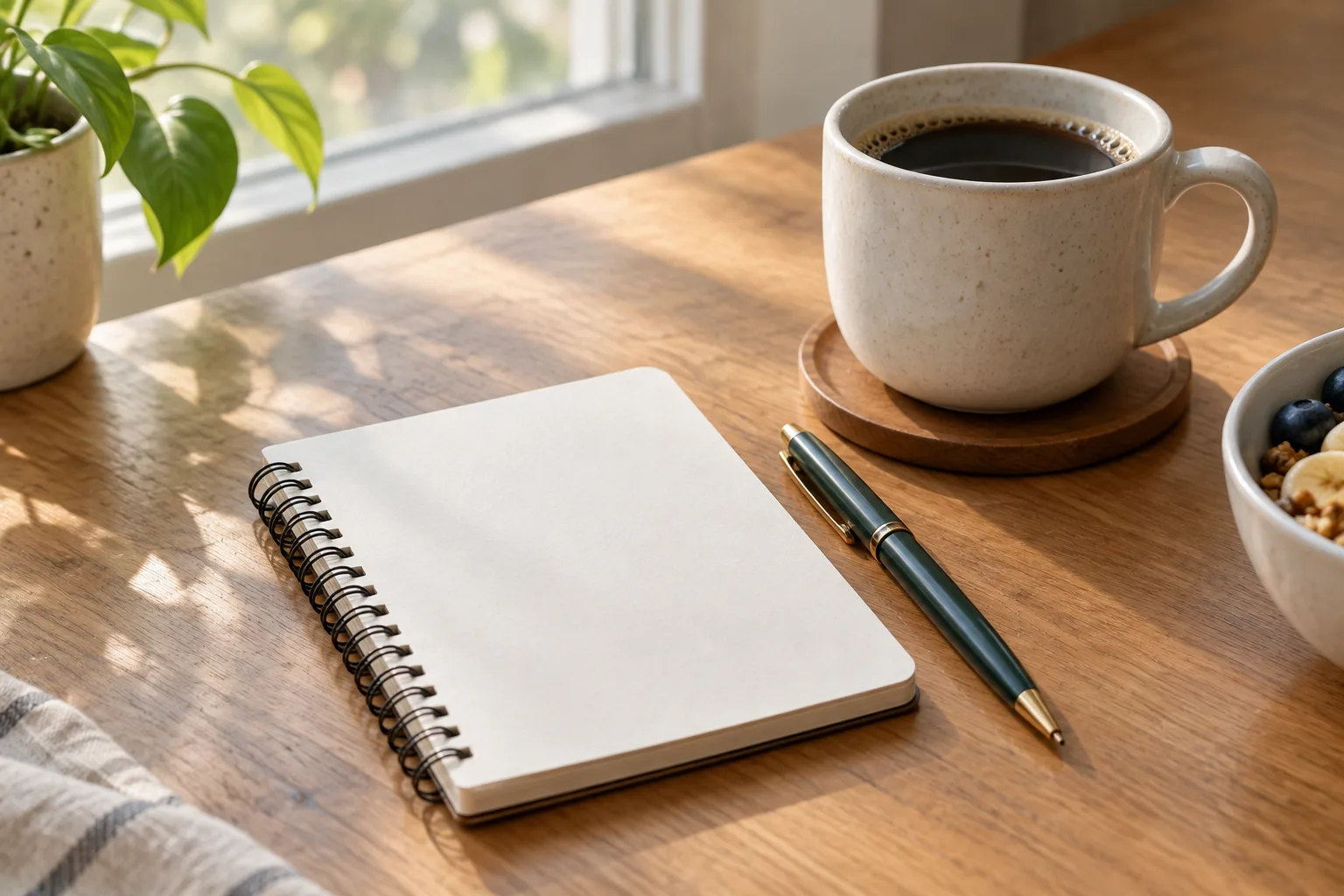Un carnet fermé et un stylo sont posés à côté d’une tasse, prêts à être utilisés au petit-déjeuner.