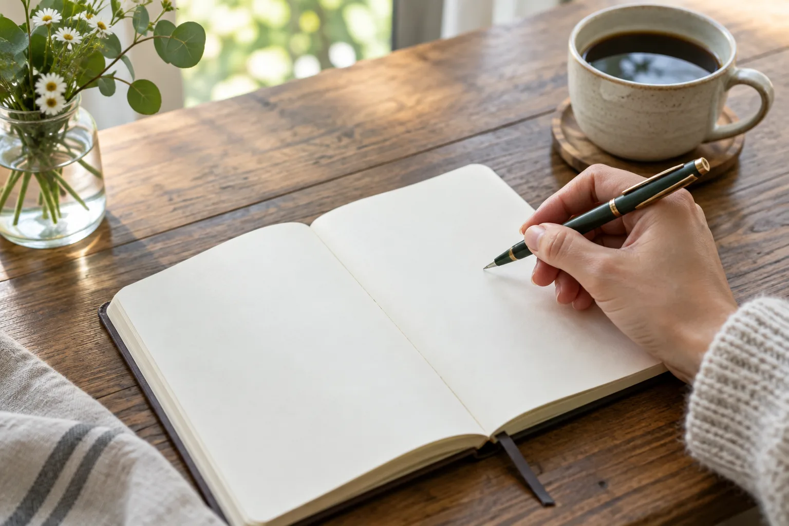 Une main s’apprête à écrire dans un carnet ouvert posé à côté d’une tasse.