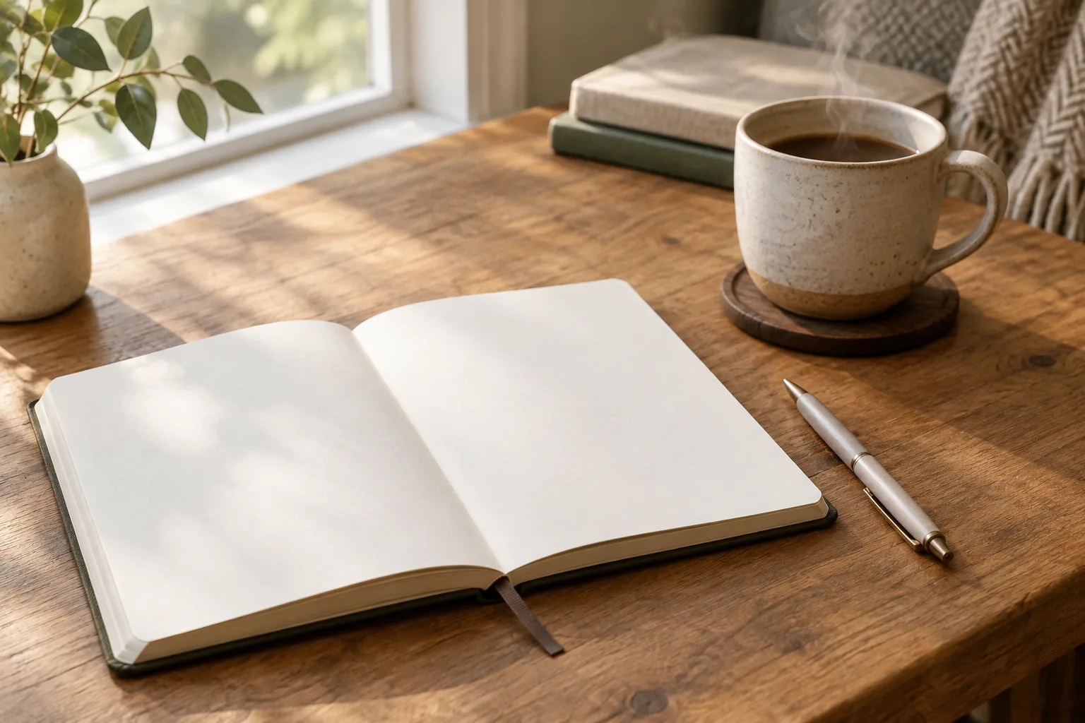 Un carnet ouvert et un stylo posés près d’une tasse sur une table éclairée par la lumière du matin.