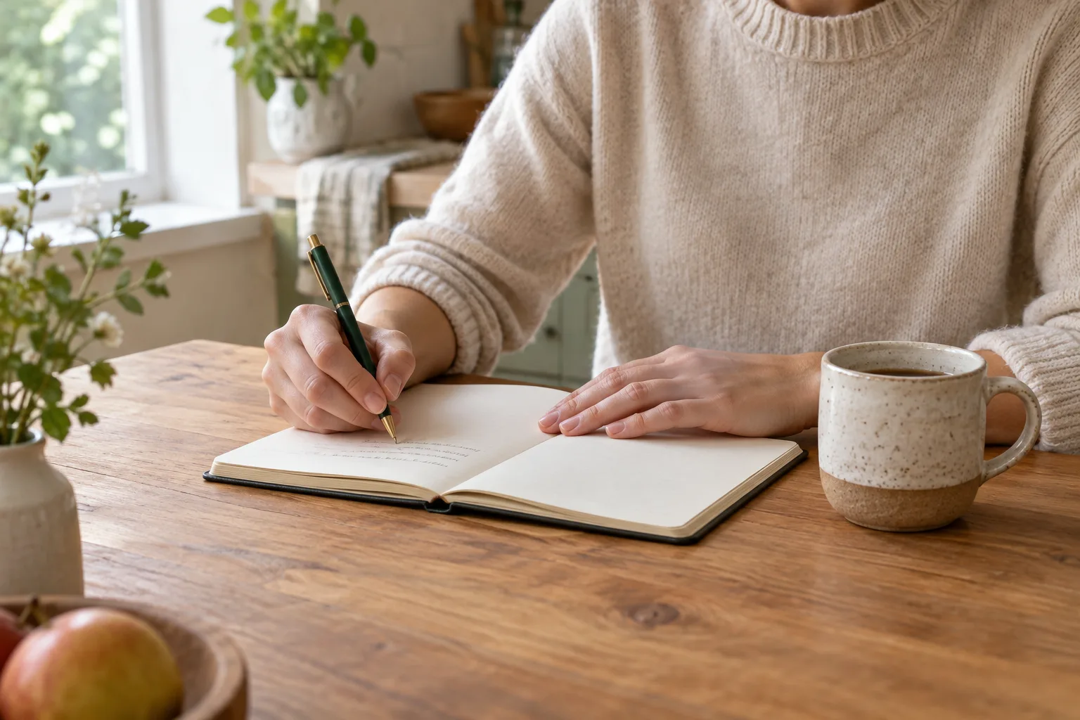 Un carnet ouvert et un stylo posés près d’une tasse sur une table éclairée par la lumière du matin.