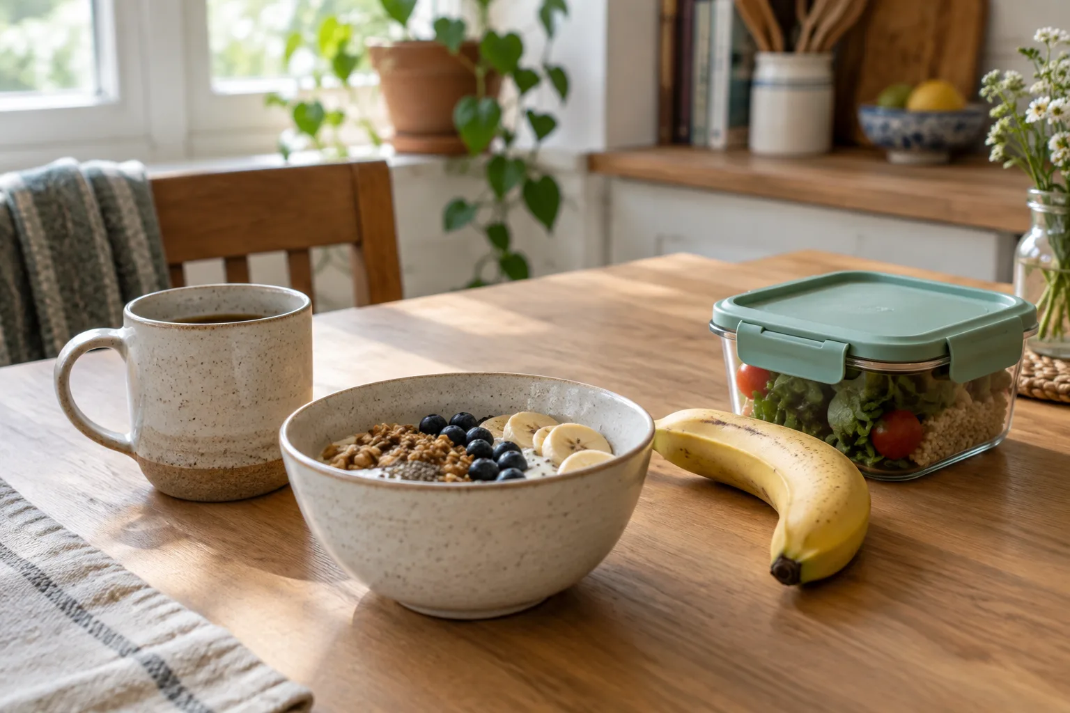 Un petit-déjeuner simple posé sur une table, avec une tasse, un bol et un contenant à emporter.