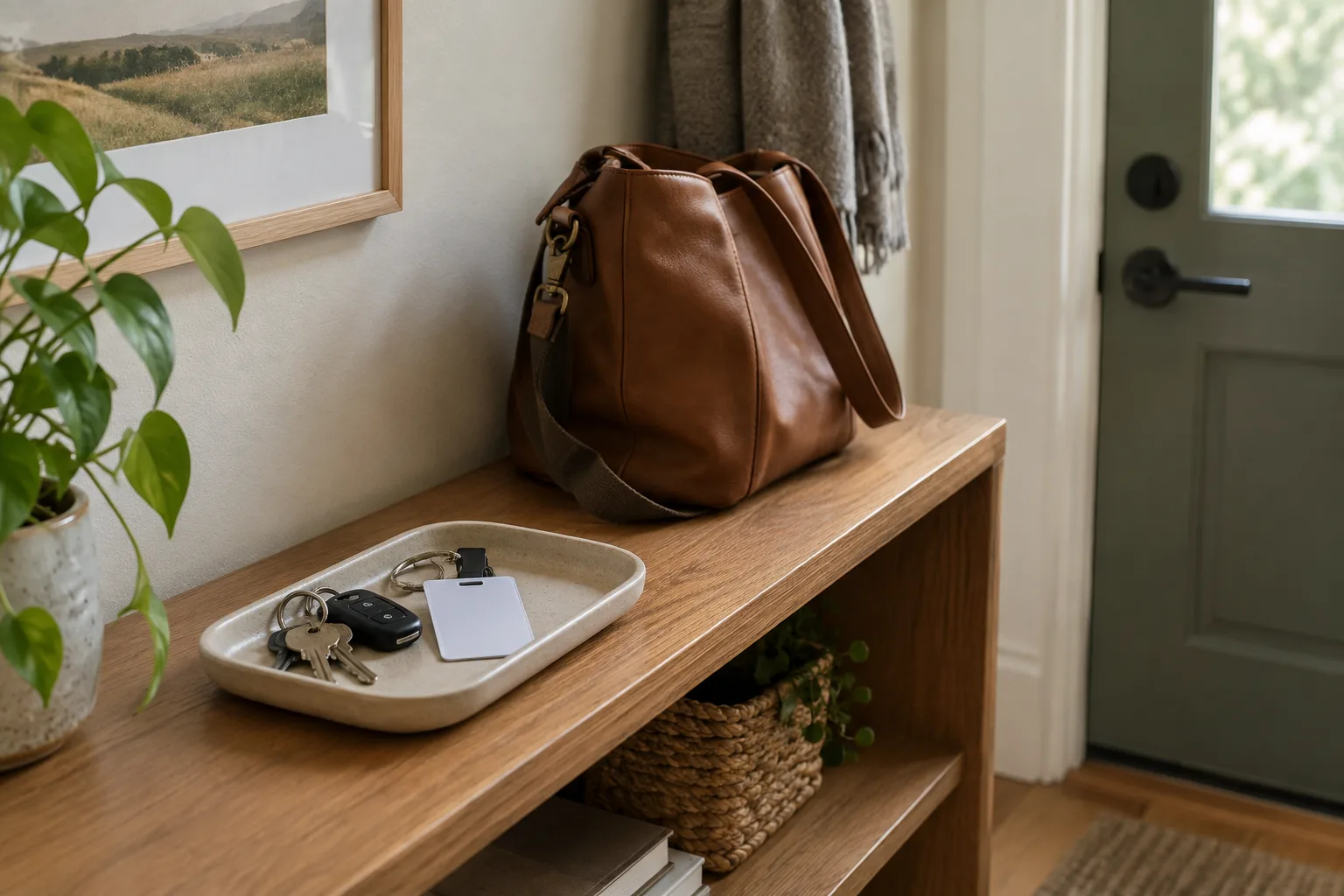 Un plateau près de la porte accueille des clés et un badge, avec un sac prêt à partir.