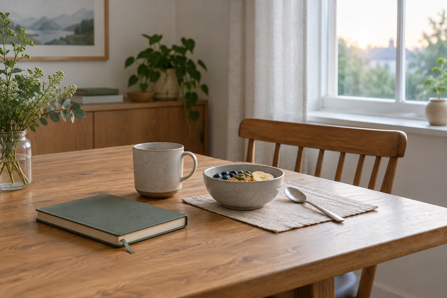 Une table de petit-déjeuner préparée avec une tasse et un carnet, près d’une fenêtre lumineuse.