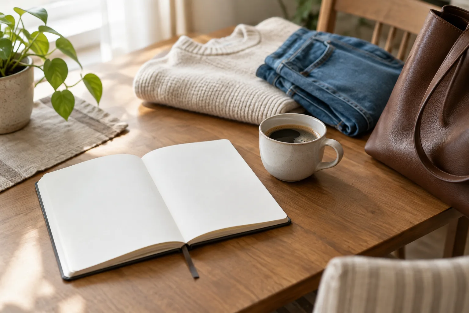 Un carnet ouvert et une tasse sont posés sur une table, avec un sac et des vêtements prêts à proximité.