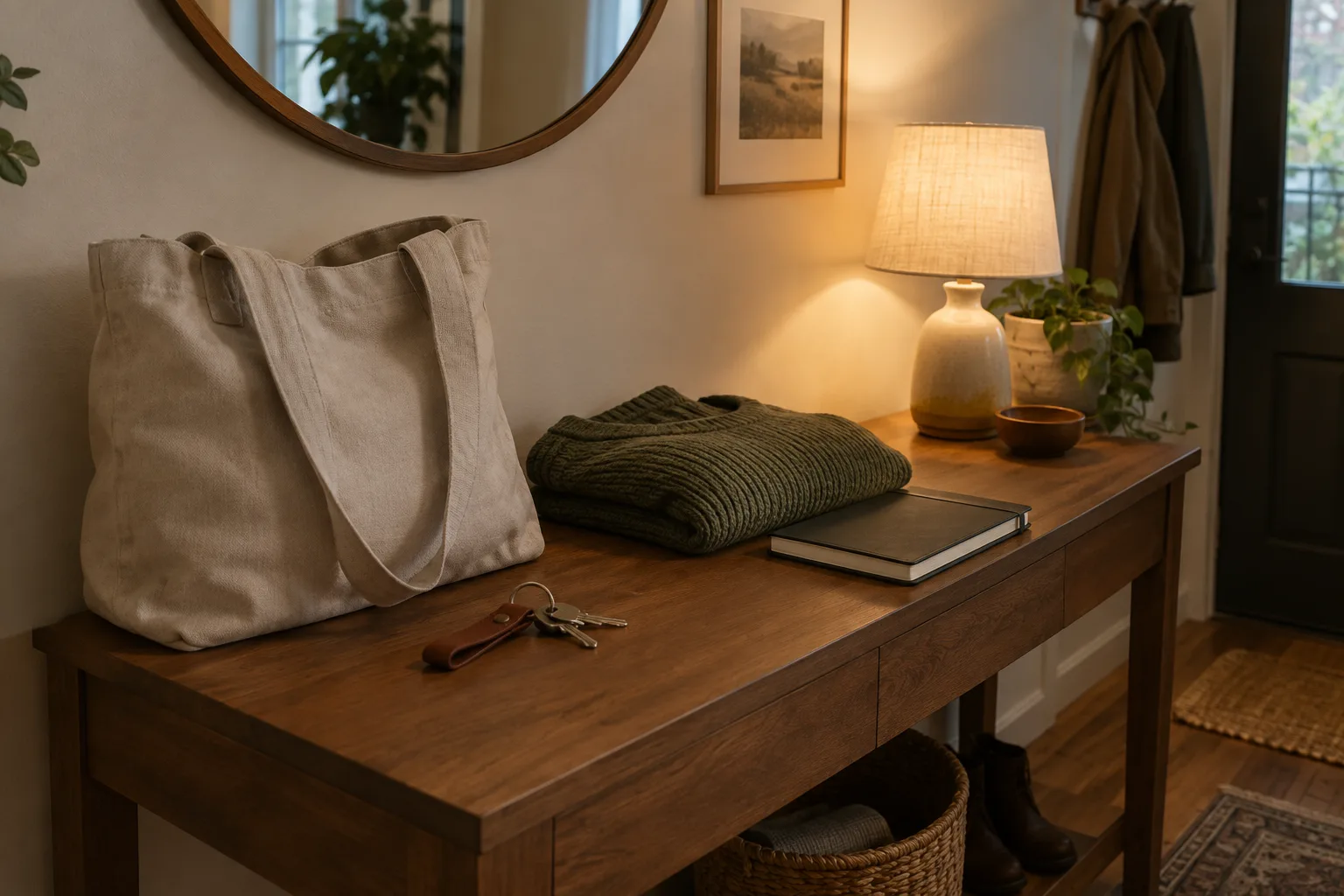 Un sac, des clés, un vêtement plié et un carnet préparés sur une table près de l’entrée.