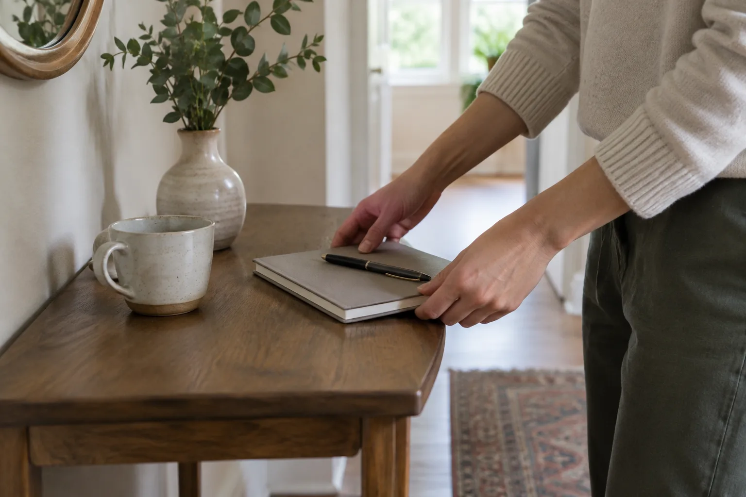 Des mains déposent un carnet et un stylo sur une petite console éclairée par la lumière du matin.