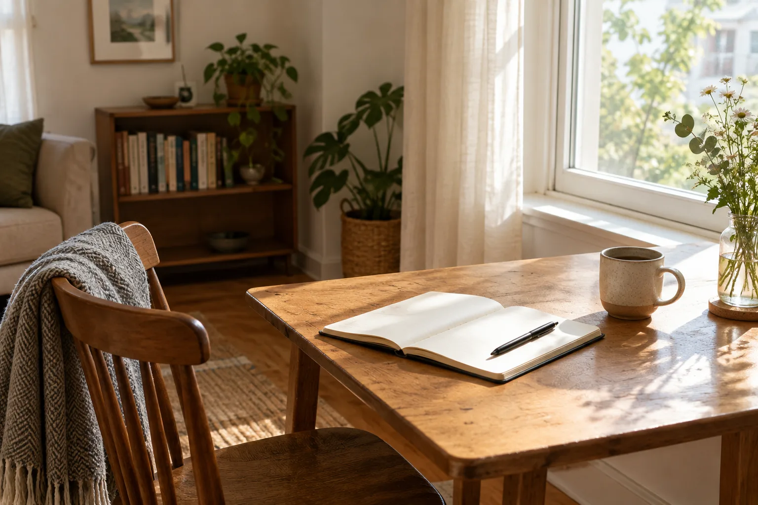 Un carnet, un stylo et une tasse posés sur une petite table près d’une fenêtre.