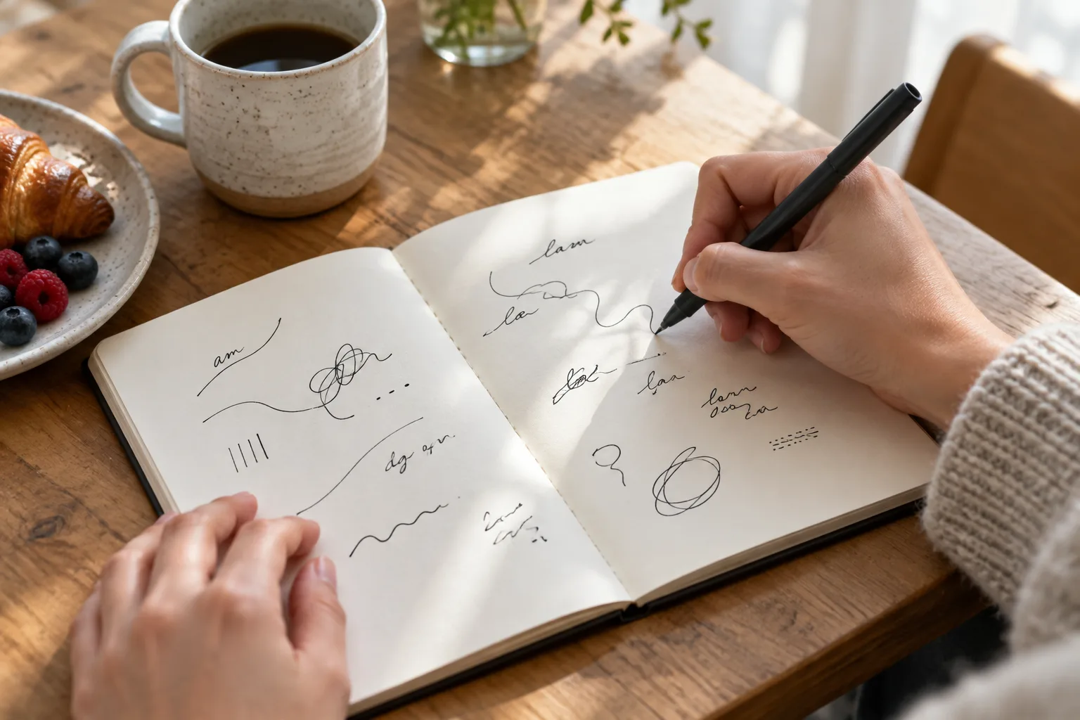 Des mains tracent librement des formes dans un carnet posé à côté d’une tasse.