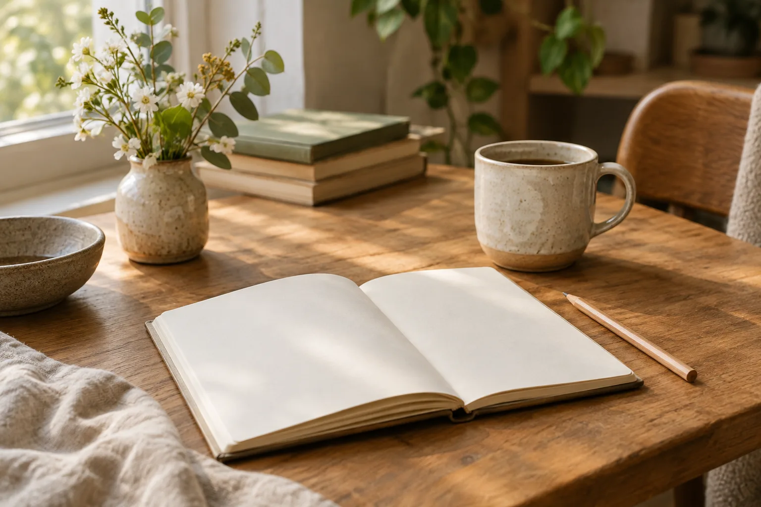 Un carnet ouvert et un crayon posés près d’une tasse sur une table éclairée par la lumière du matin.