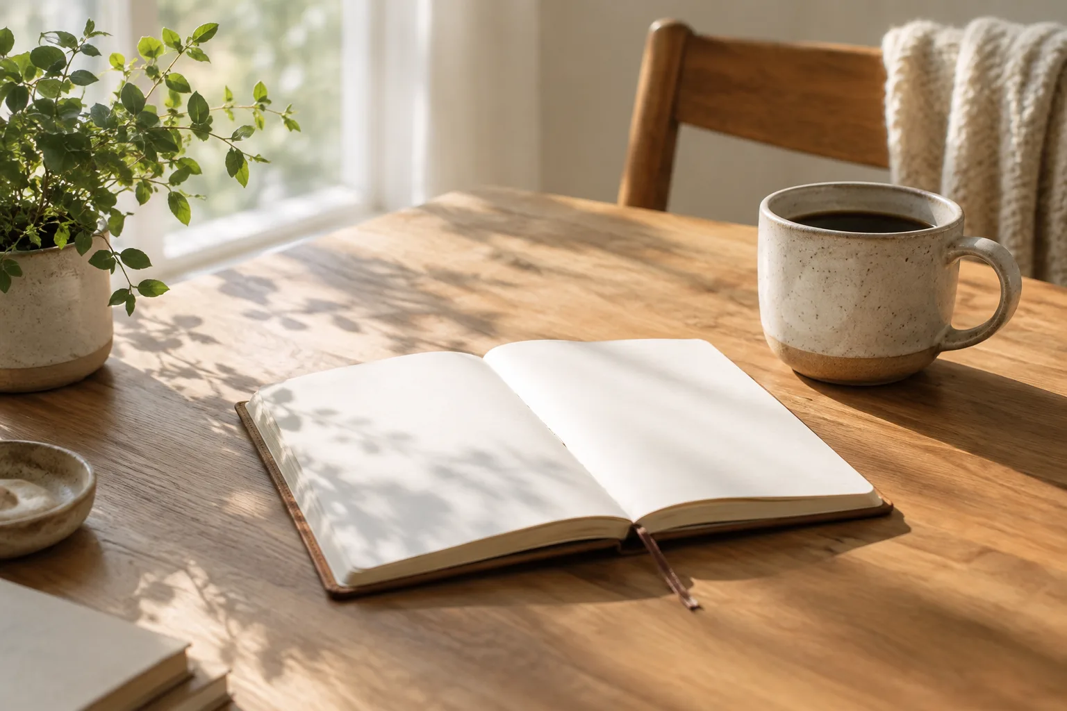 Un carnet ouvert et une tasse posés sur une table éclairée par la lumière du matin.