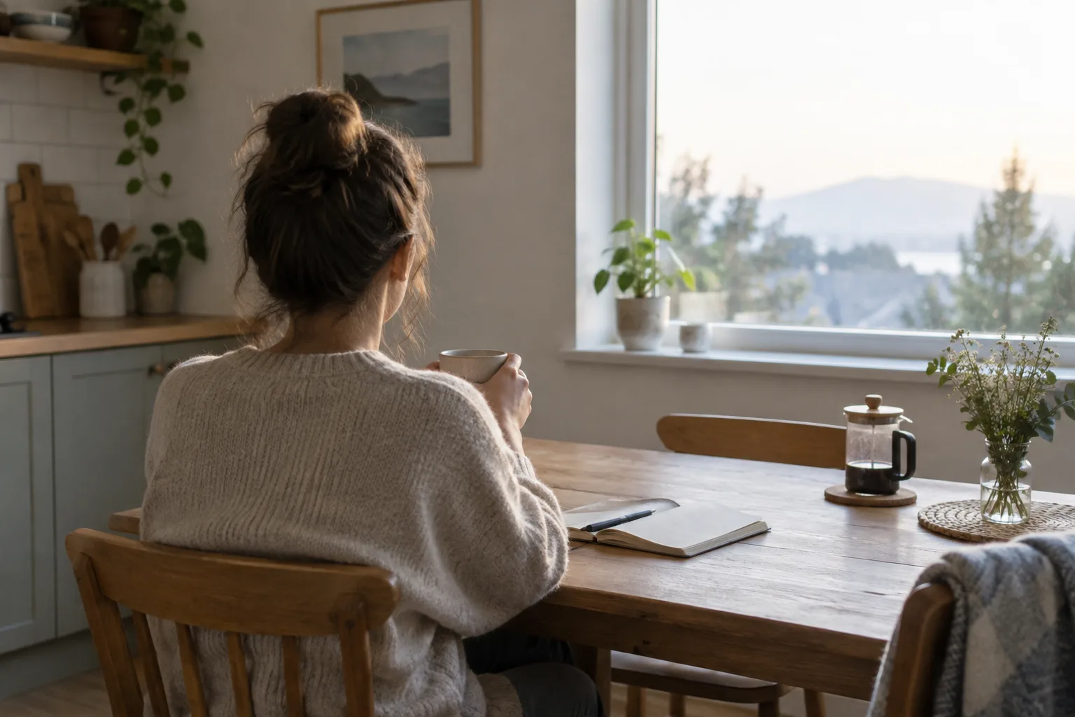 Une personne prépare sa matinée à une table près d’une fenêtre, avec un carnet et une boisson chaude.