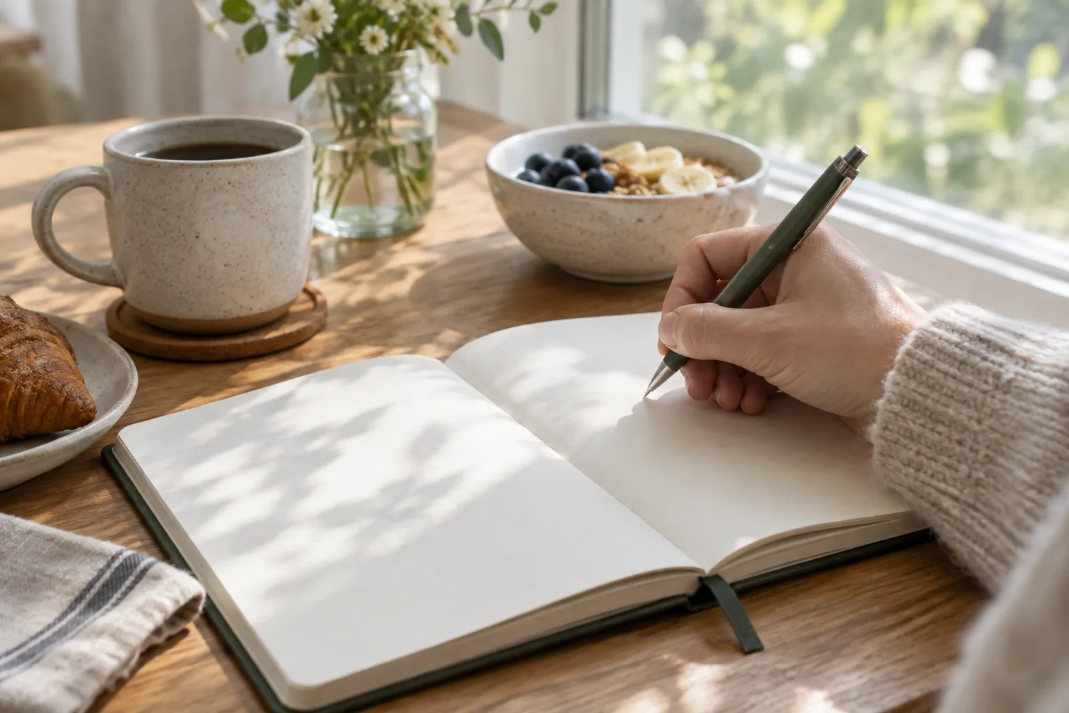 Une main écrit dans un carnet ouvert posé près d’une tasse, à la lumière du matin.