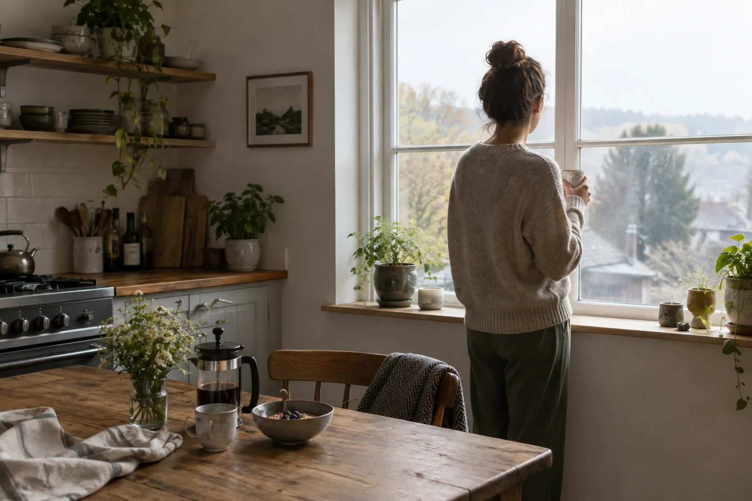 Une personne observe la lumière du matin près d’une fenêtre, une tasse à la main.