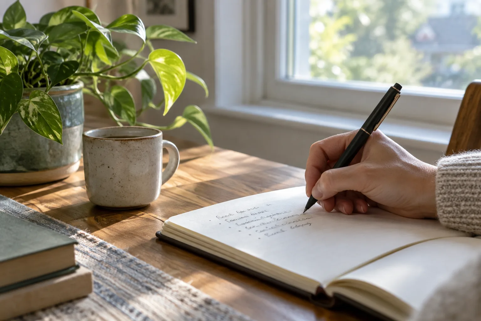 Une main écrit dans un carnet en observant la lumière du matin près d’une plante.