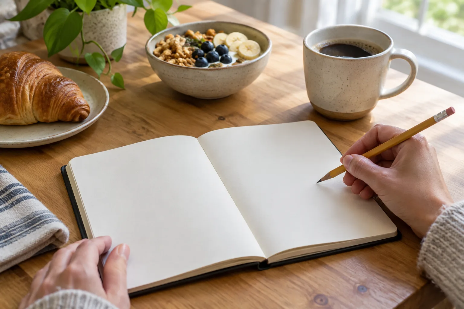 Un carnet ouvert et un crayon près d’une tasse, prêts à accueillir une priorité du jour.