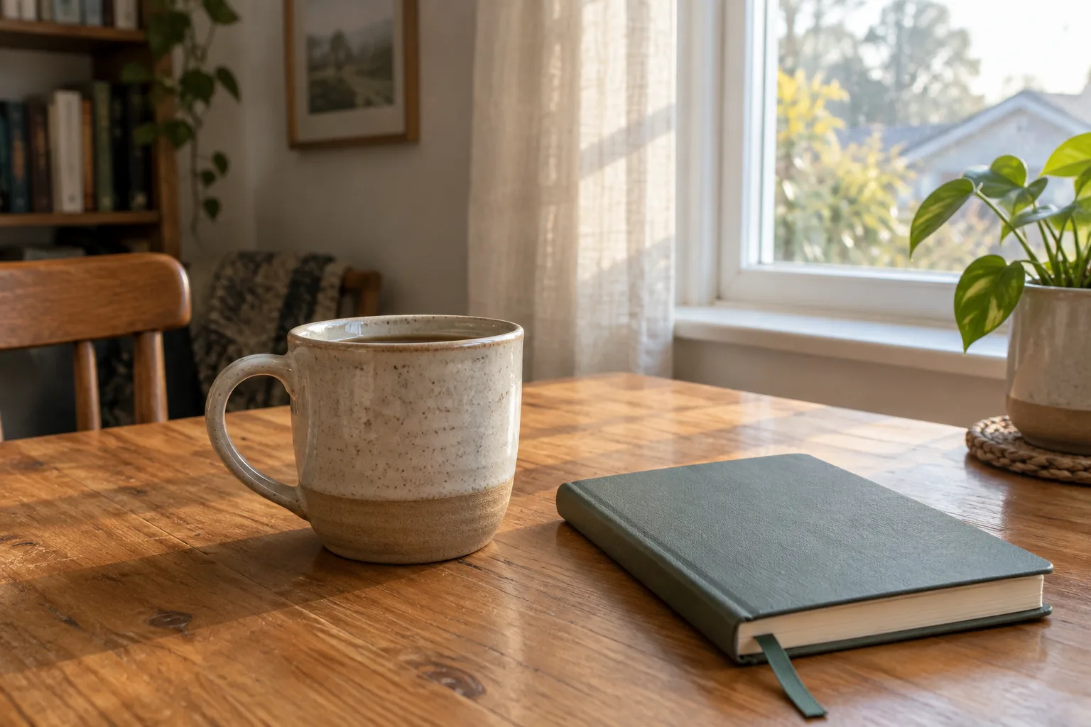 Un carnet fermé et une tasse posés sur une table près d’une fenêtre lumineuse.