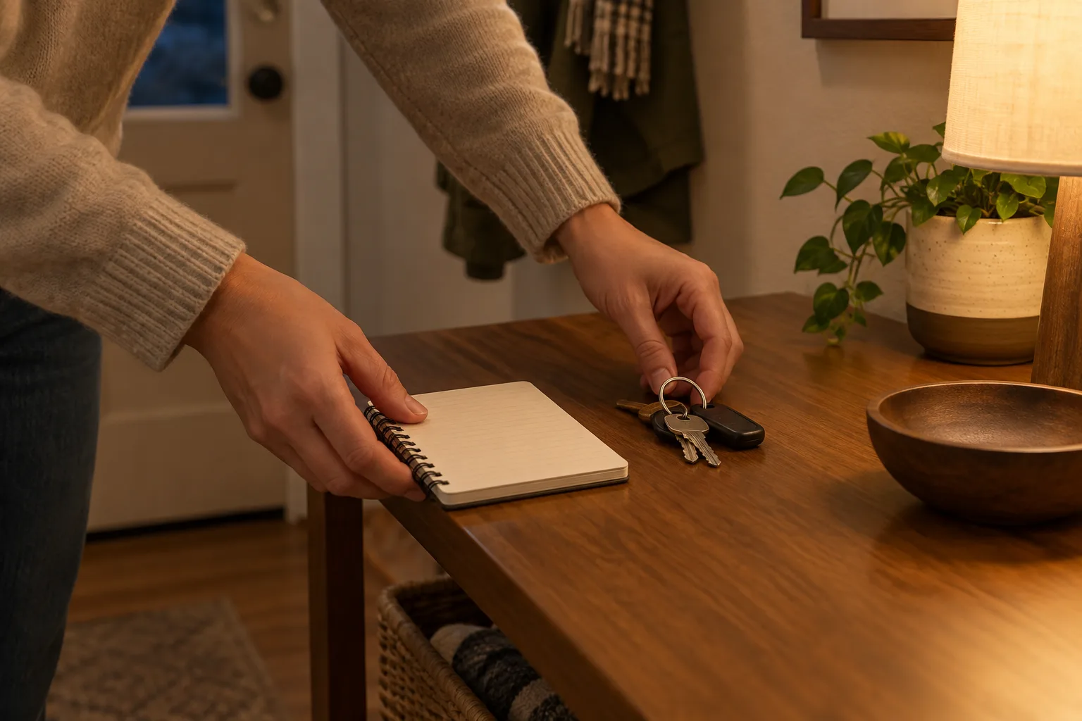 Un carnet vierge et des clés réunis sur une console pour préparer le lendemain.