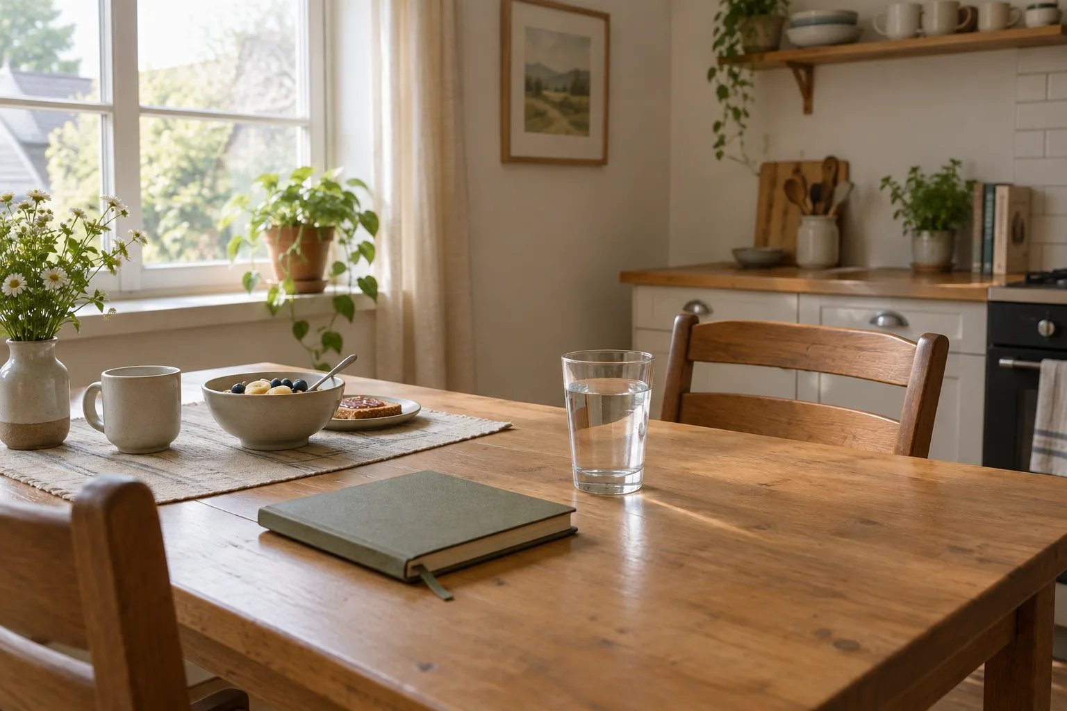 Un carnet fermé et un verre d’eau posés sur une table près d’une fenêtre lumineuse.