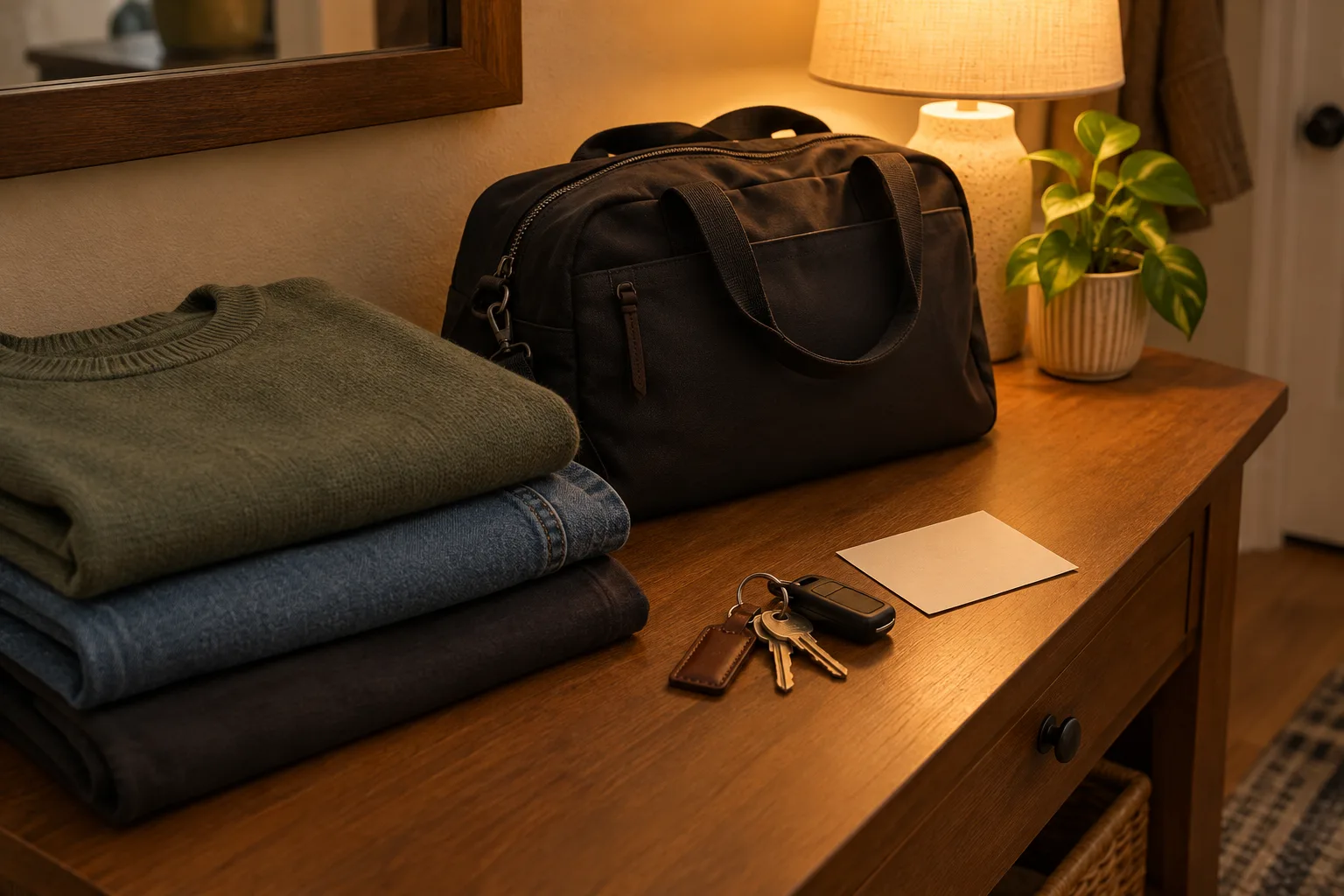 Des vêtements, un sac et des clés rassemblés sur une petite table pour le lendemain.