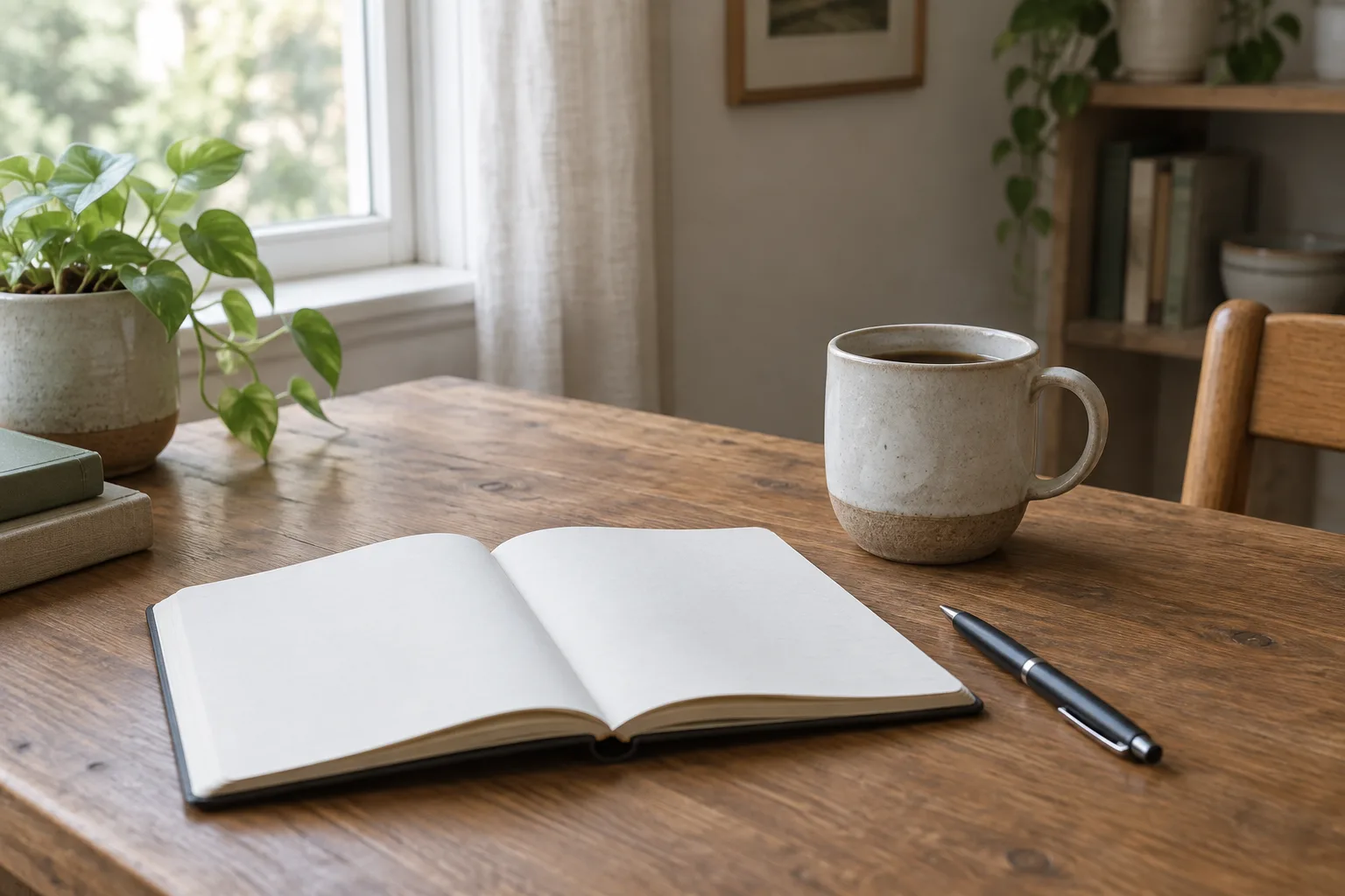 Un carnet vierge et une tasse posés sur une table près d’une fenêtre lumineuse.