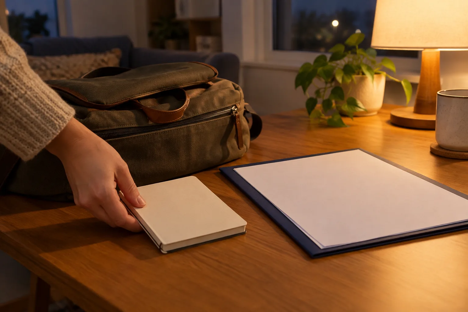 Un carnet vierge est posé près d’un sac et d’un document préparés pour le lendemain.