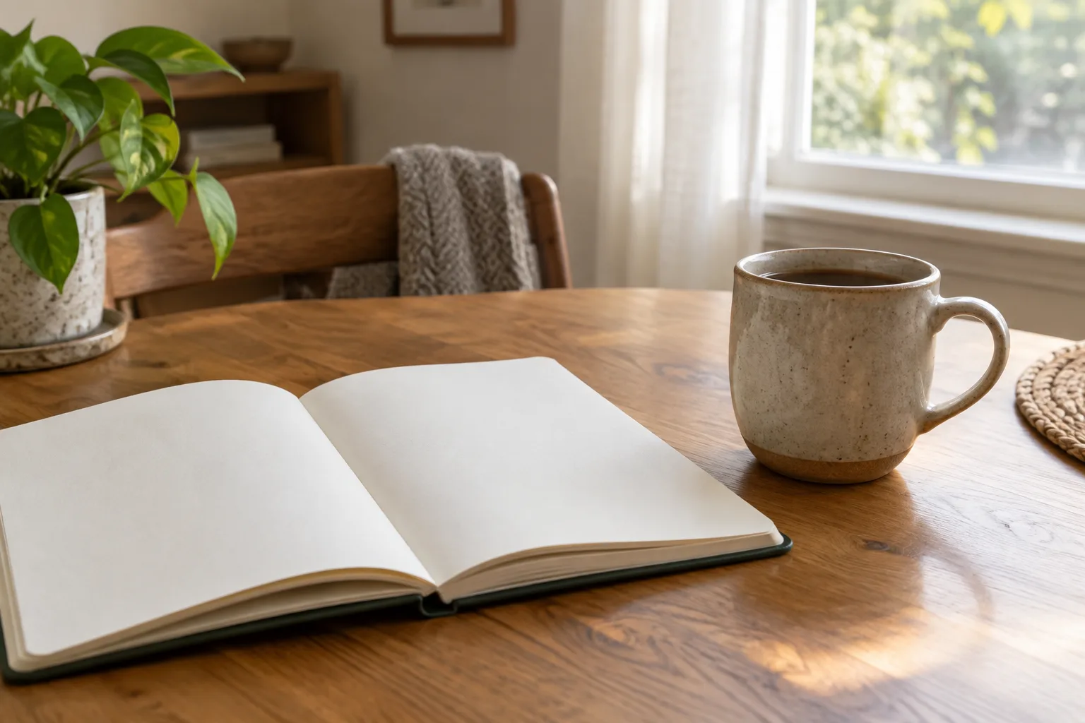 Un carnet ouvert et une tasse posés sur une table près d’une fenêtre lumineuse.