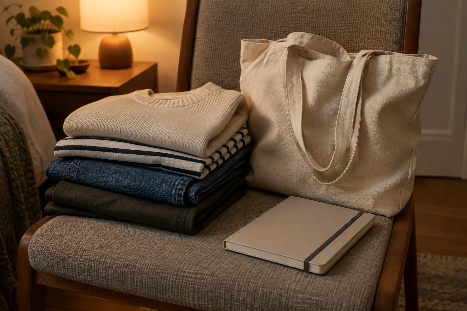 Des vêtements, un sac et un carnet posés ensemble la veille au soir.