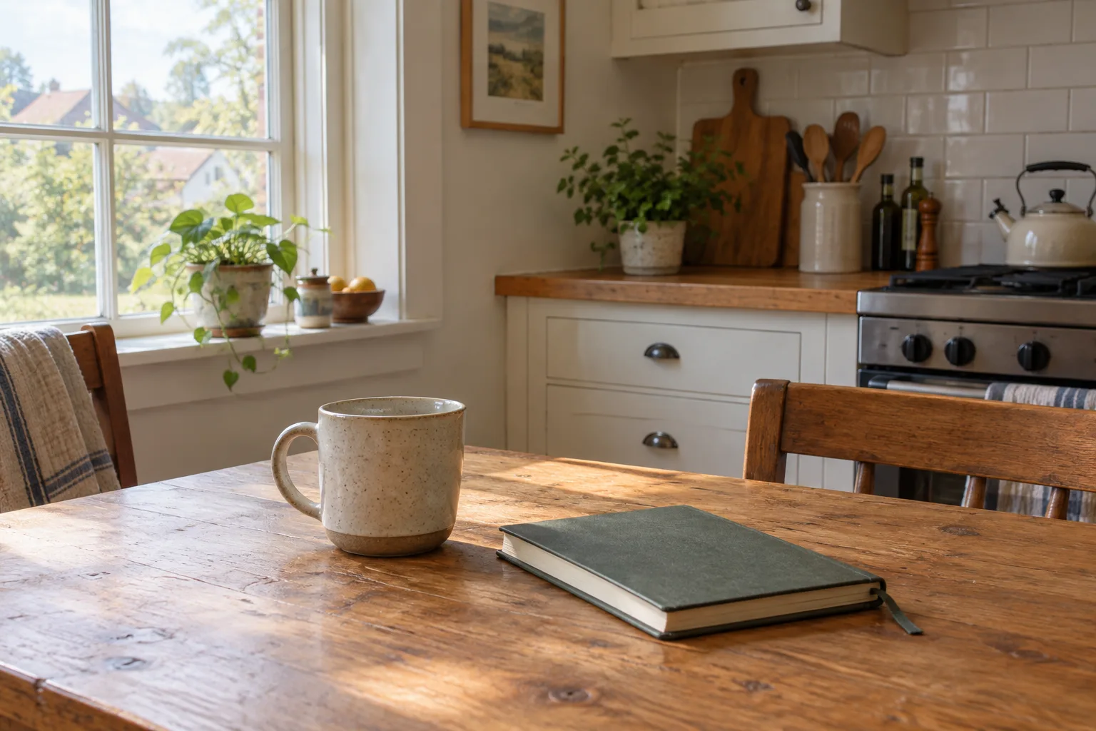 Un carnet fermé et une tasse posés sur une table près d’une fenêtre éclairée par la lumière du matin.