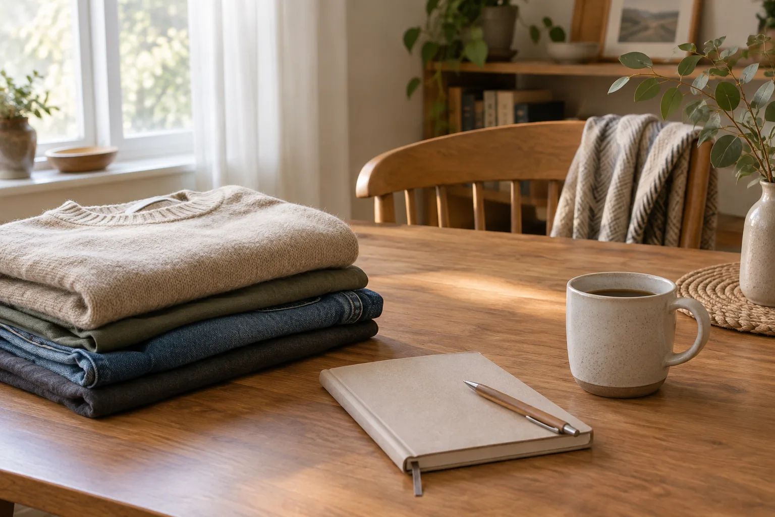 Des vêtements et un carnet préparés près d’une tasse pour faciliter le départ du lendemain.