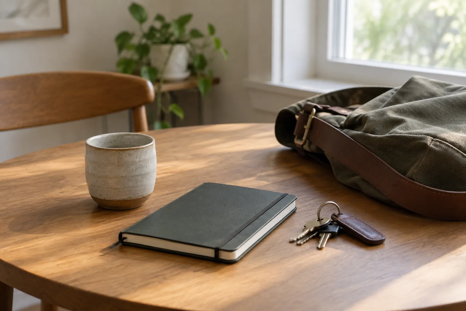 Une tasse, un carnet et des clés sont disposés près d’un sac dans une pièce baignée de lumière douce.