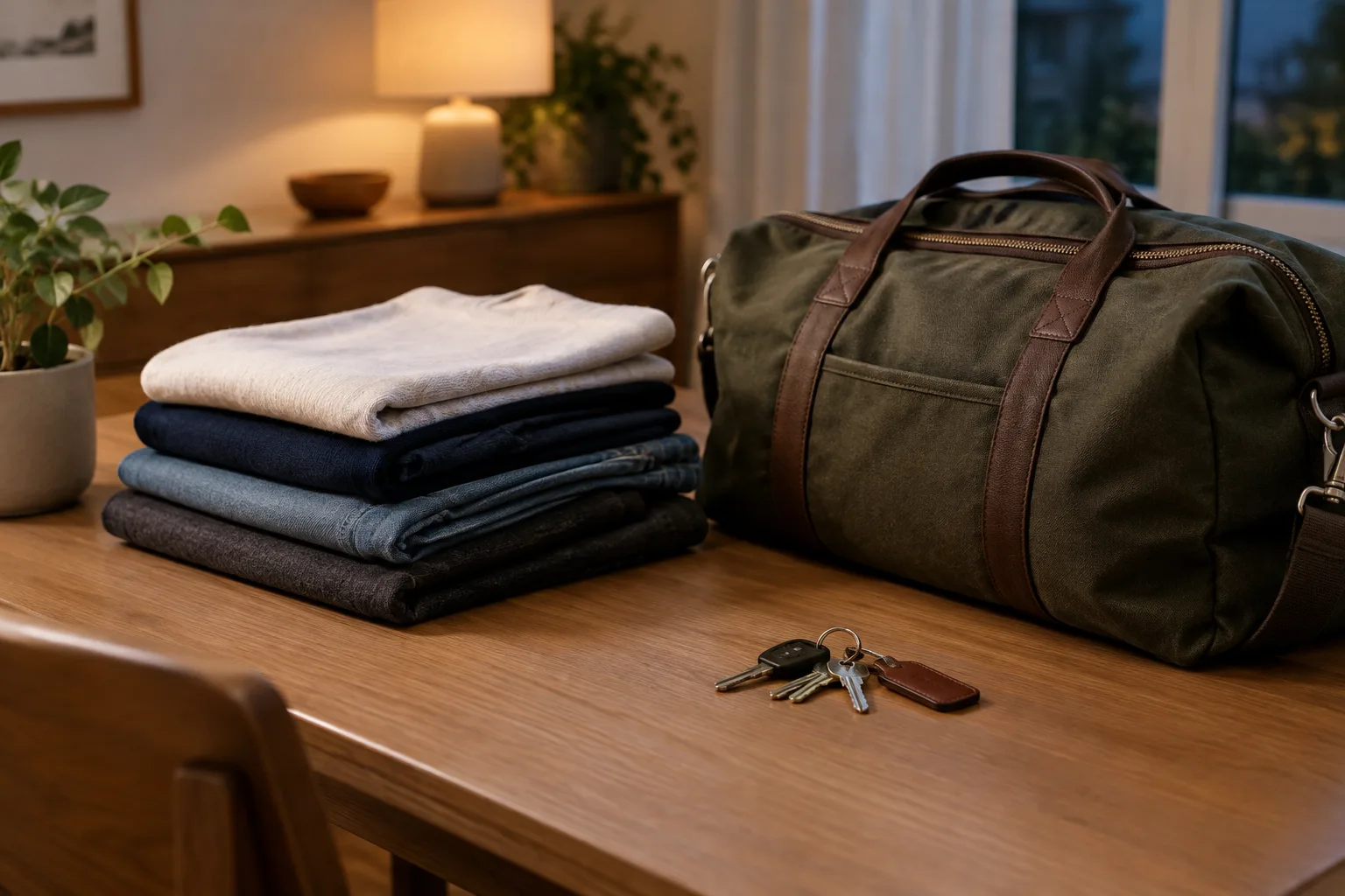 Un sac prêt, des clés et des vêtements pliés attendent le lendemain dans une pièce calme.