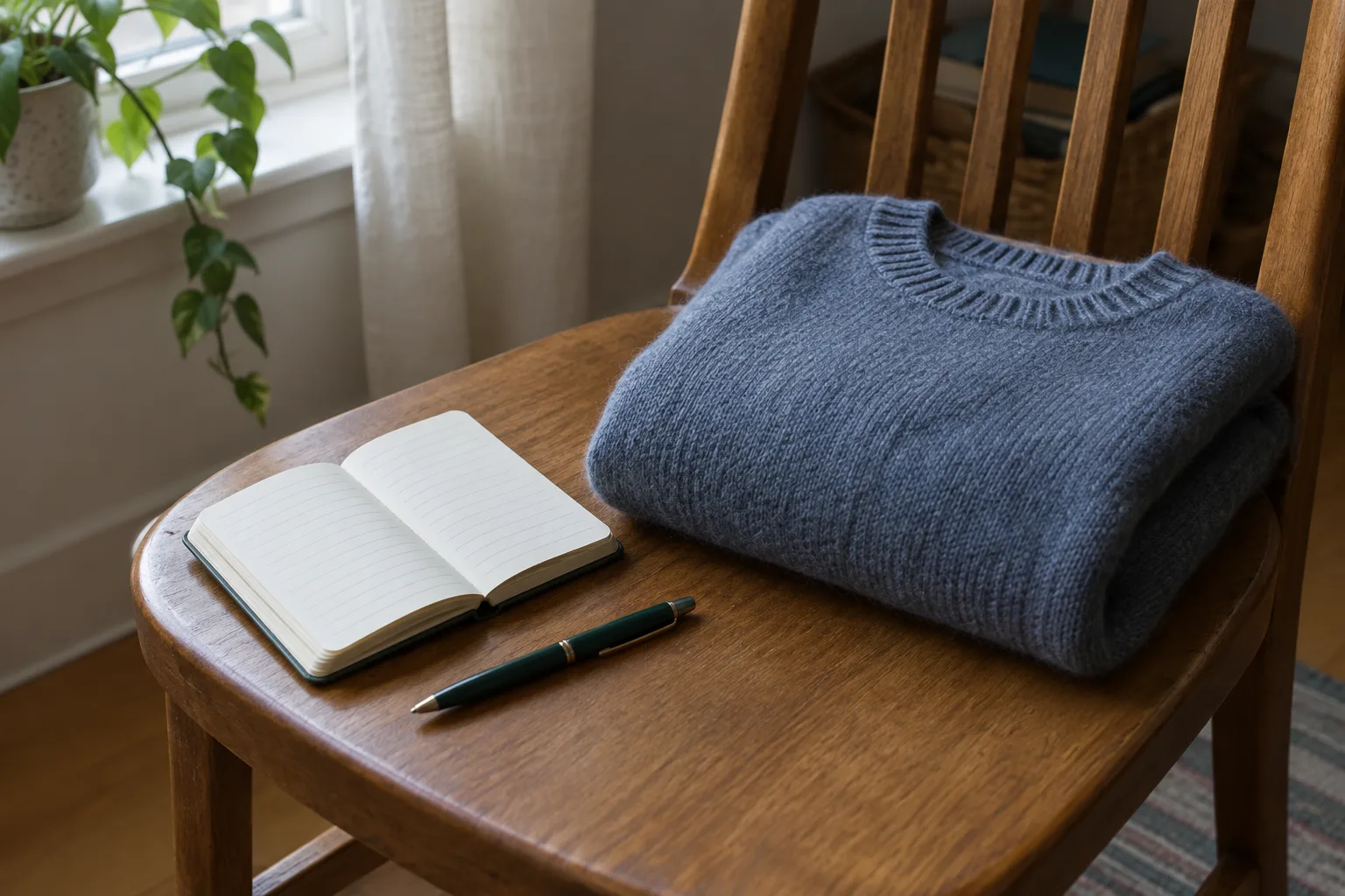 Un carnet ouvert, un stylo et un pull plié sont préparés près d’une chaise.