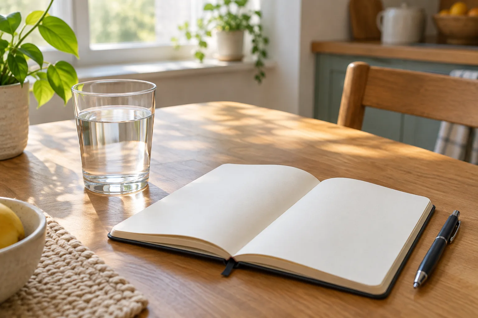 Un verre d’eau et un carnet ouvert sont prêts sur une petite table.
