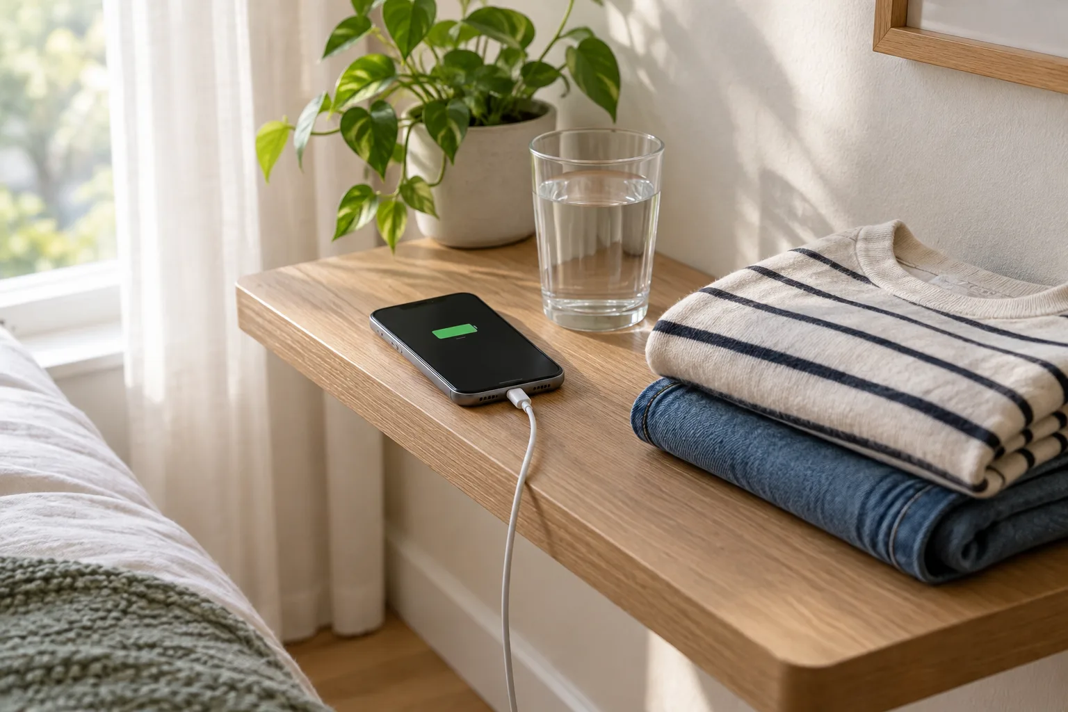 Un téléphone laissé sur une étagère, près d’un verre d’eau et de vêtements préparés pour le matin.