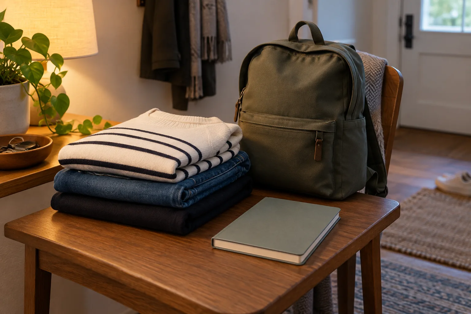 Des vêtements pliés et un sac préparé près d’un carnet, prêts pour le lendemain matin.