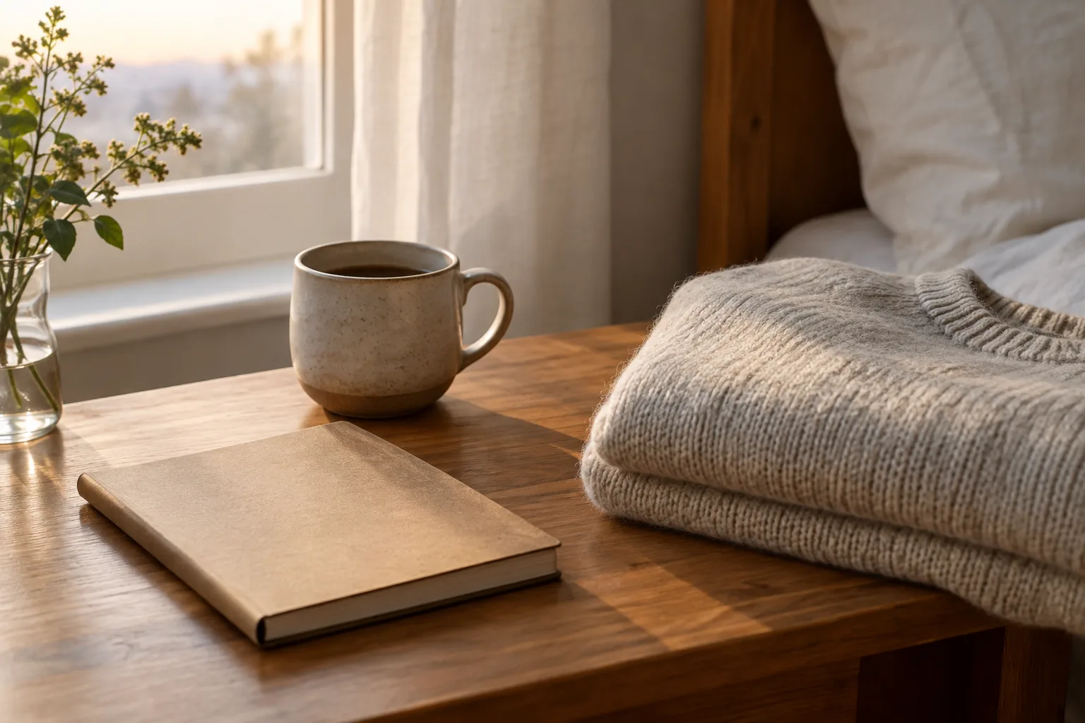 Un carnet, une tasse et un vêtement sont préparés sur une table dans la lumière du matin.
