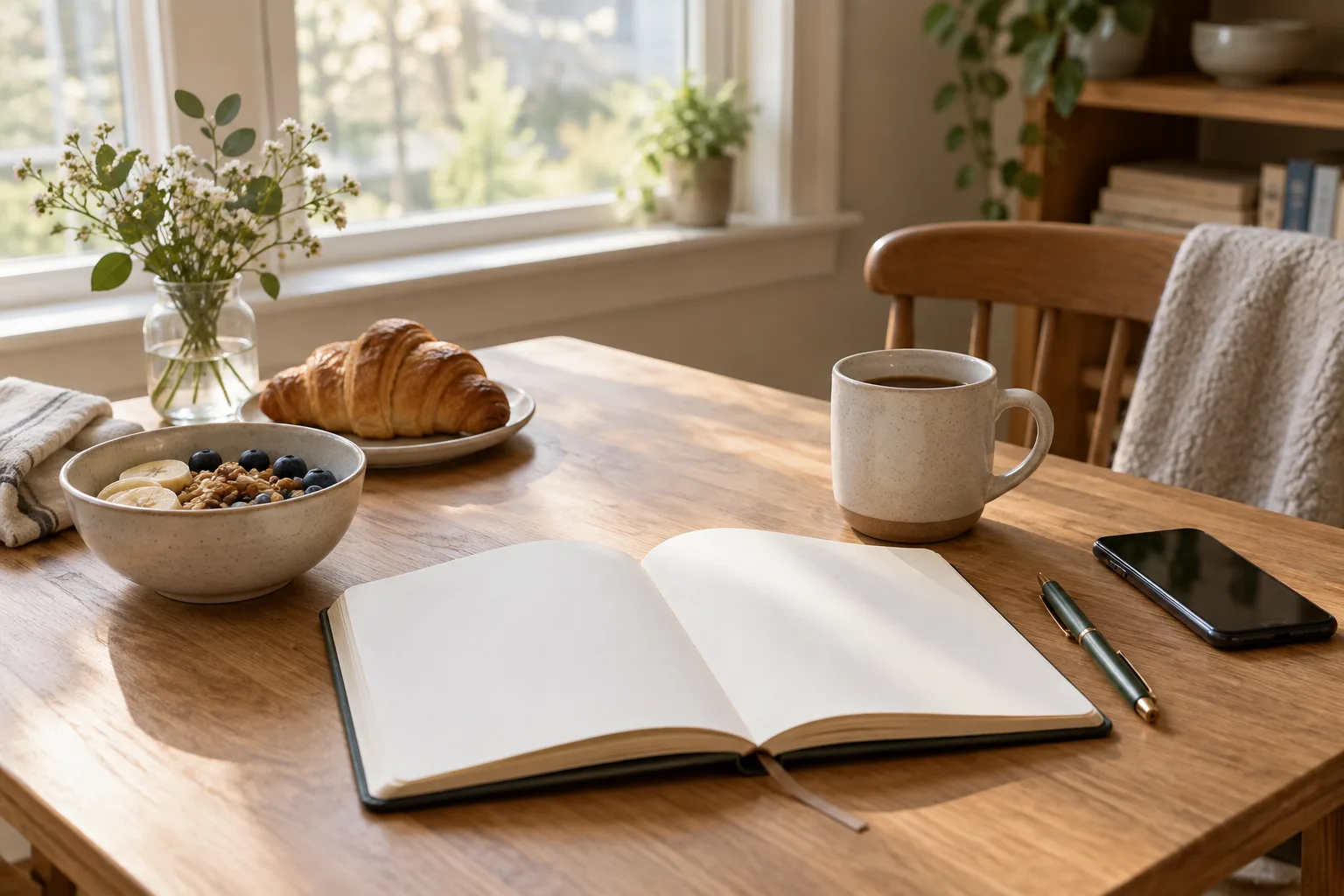 Une table près d’une fenêtre avec un carnet ouvert, une tasse et quelques objets préparés pour le matin.