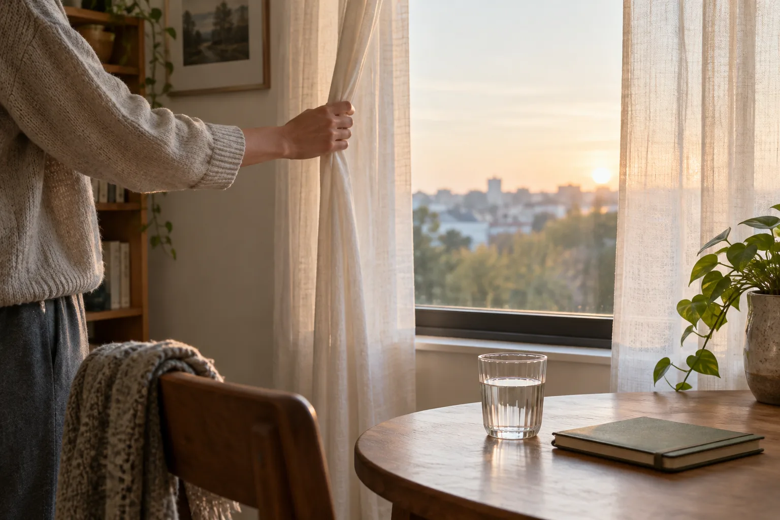Une main ouvre les rideaux près d’un verre d’eau et d’un carnet posé sur une table.