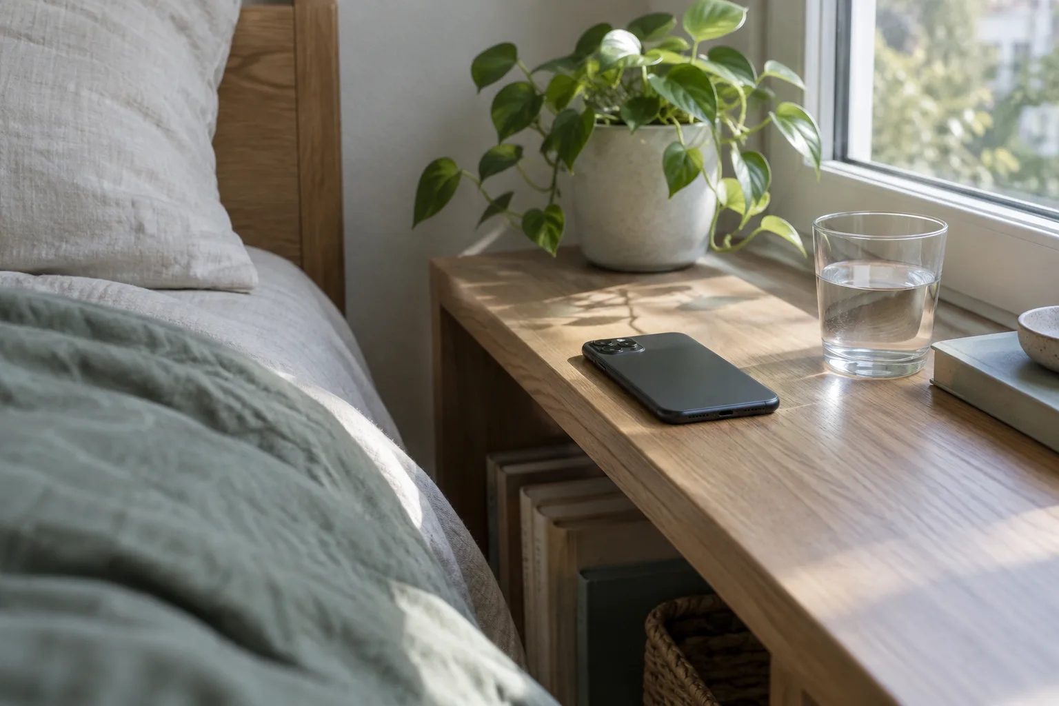 Un téléphone posé face contre la table sur une étagère, à distance du lit, dans une chambre éclairée par la lumière du matin.