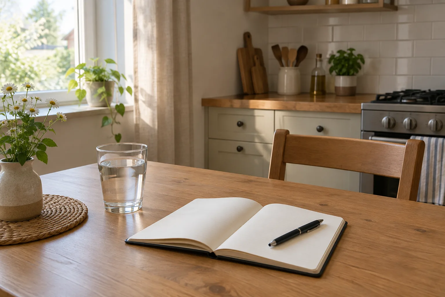 Un carnet ouvert, un stylo et un verre d’eau sur une table éclairée par la lumière du matin.